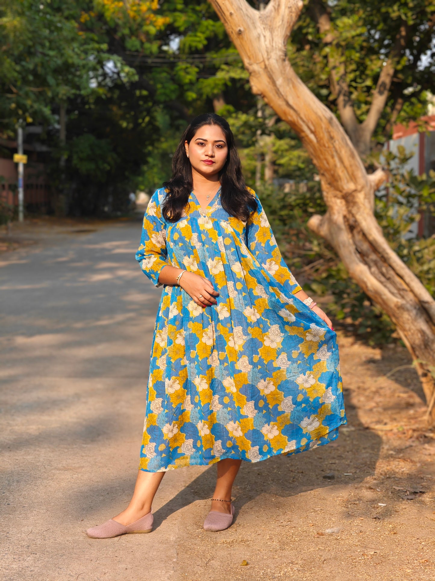 Blue Chiffon Lurex Floral Printed Flared Dress