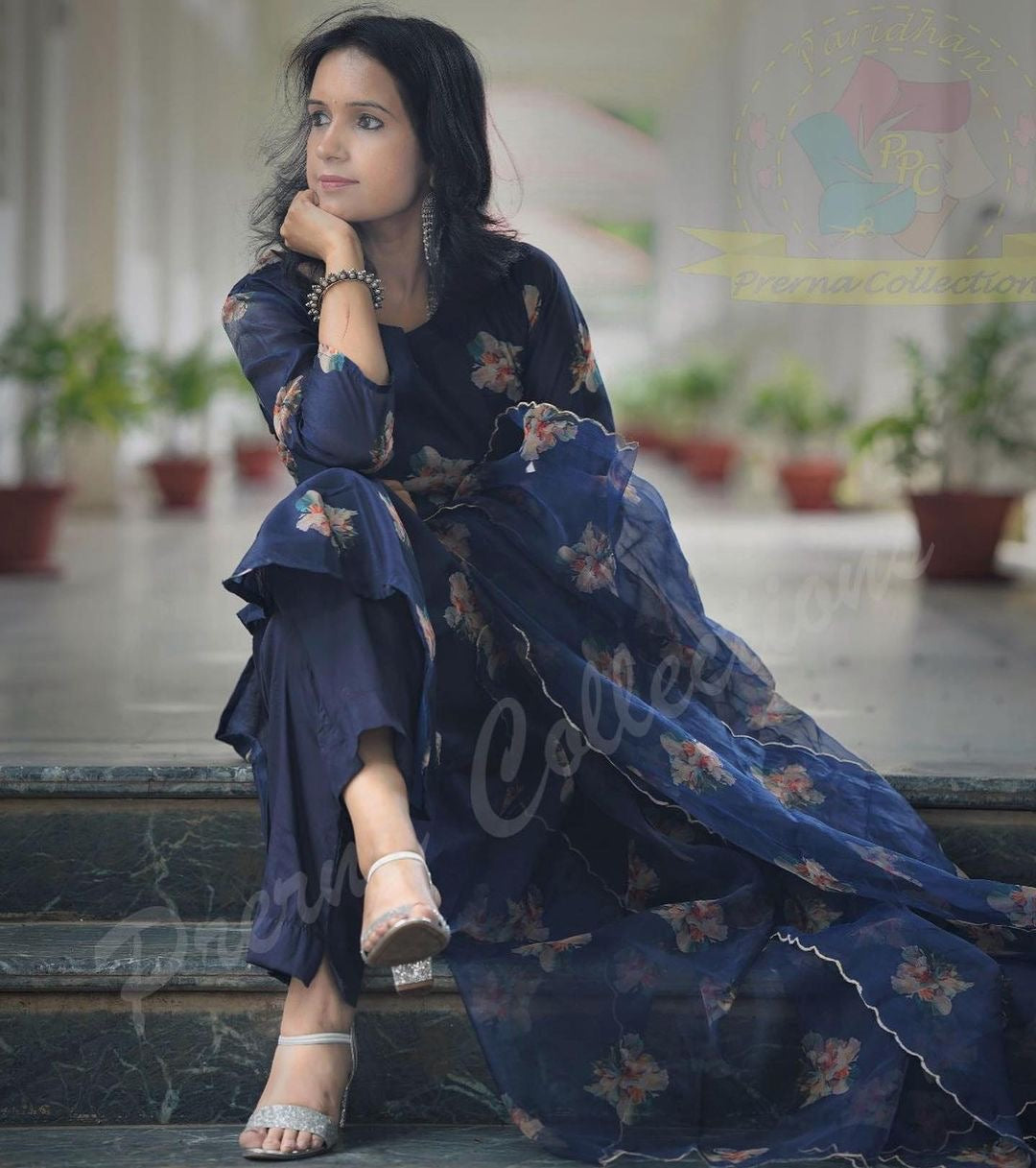 Digital Chanderi Kurti Pant Dupatta Set with Cotton Lining and Organza Dupatta – Sizes 36 to 44