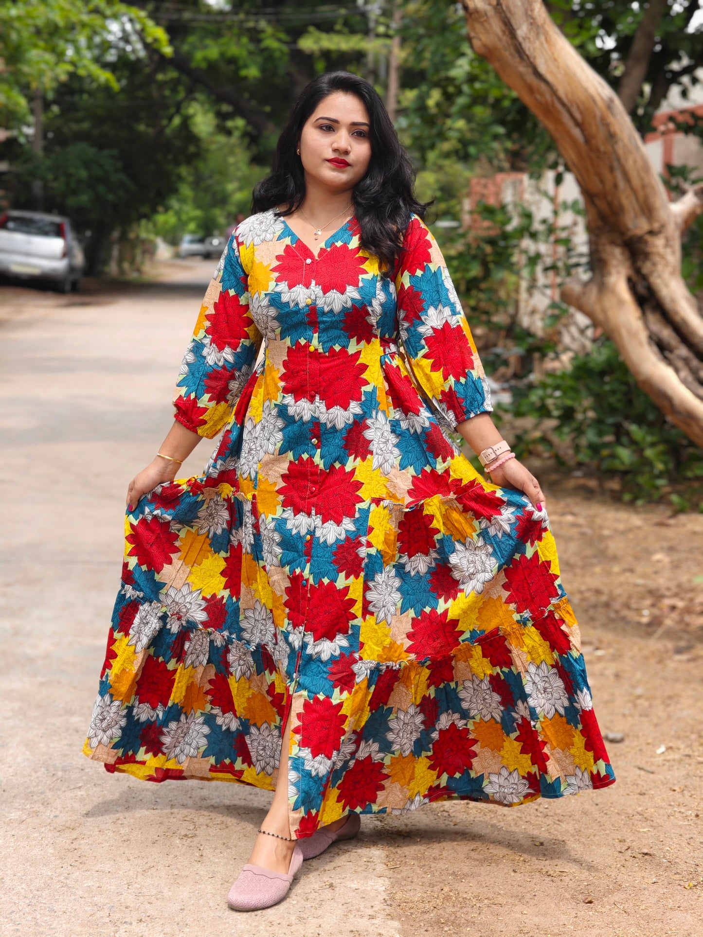 Radiant Blooms Floral Panelled Flared Dress MF4410