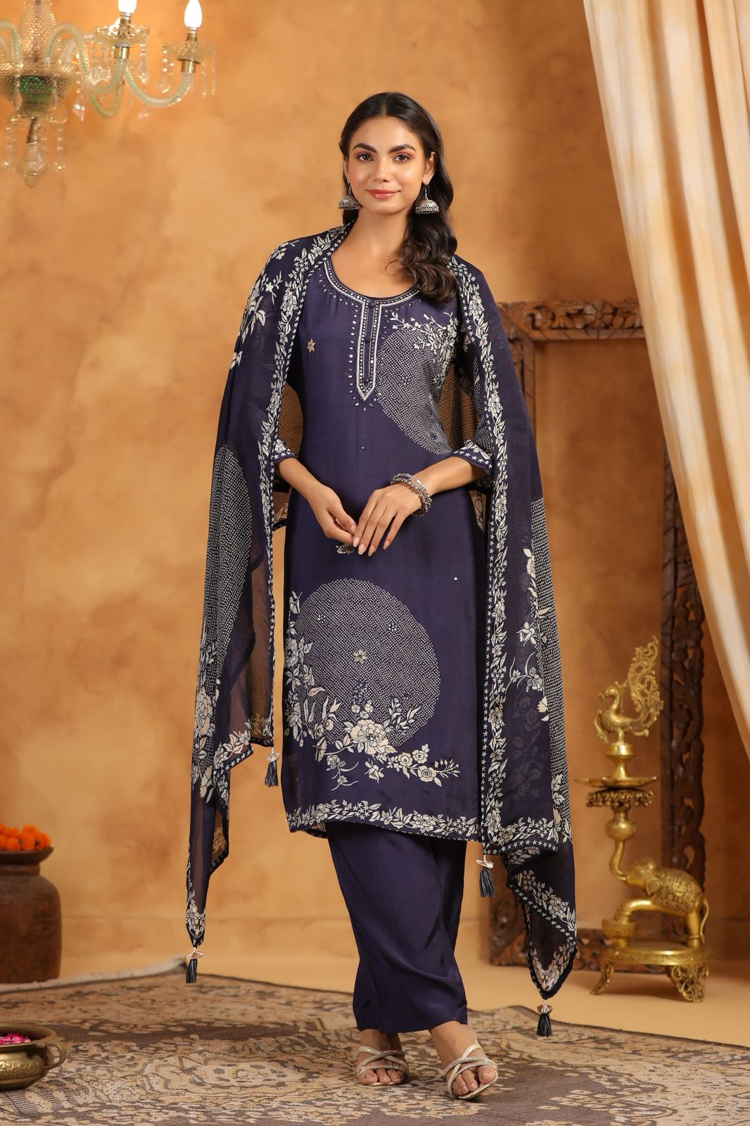 Pure Muslin Kurta Pant Dupatta Set with Intricate Printed Motifs for Women – Royal Navy