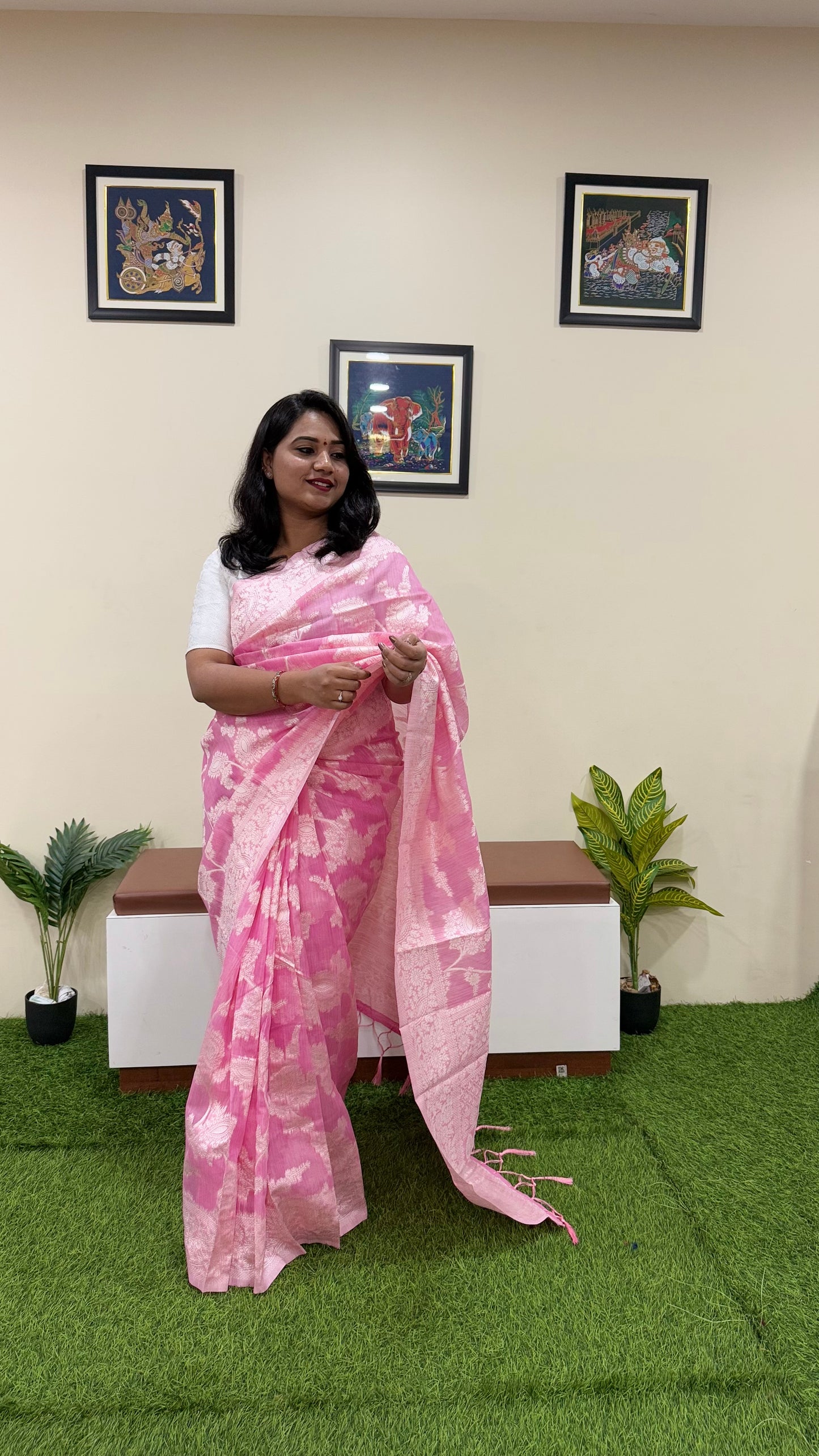 Pink Banarasi Linen Cotton Saree Code : 321