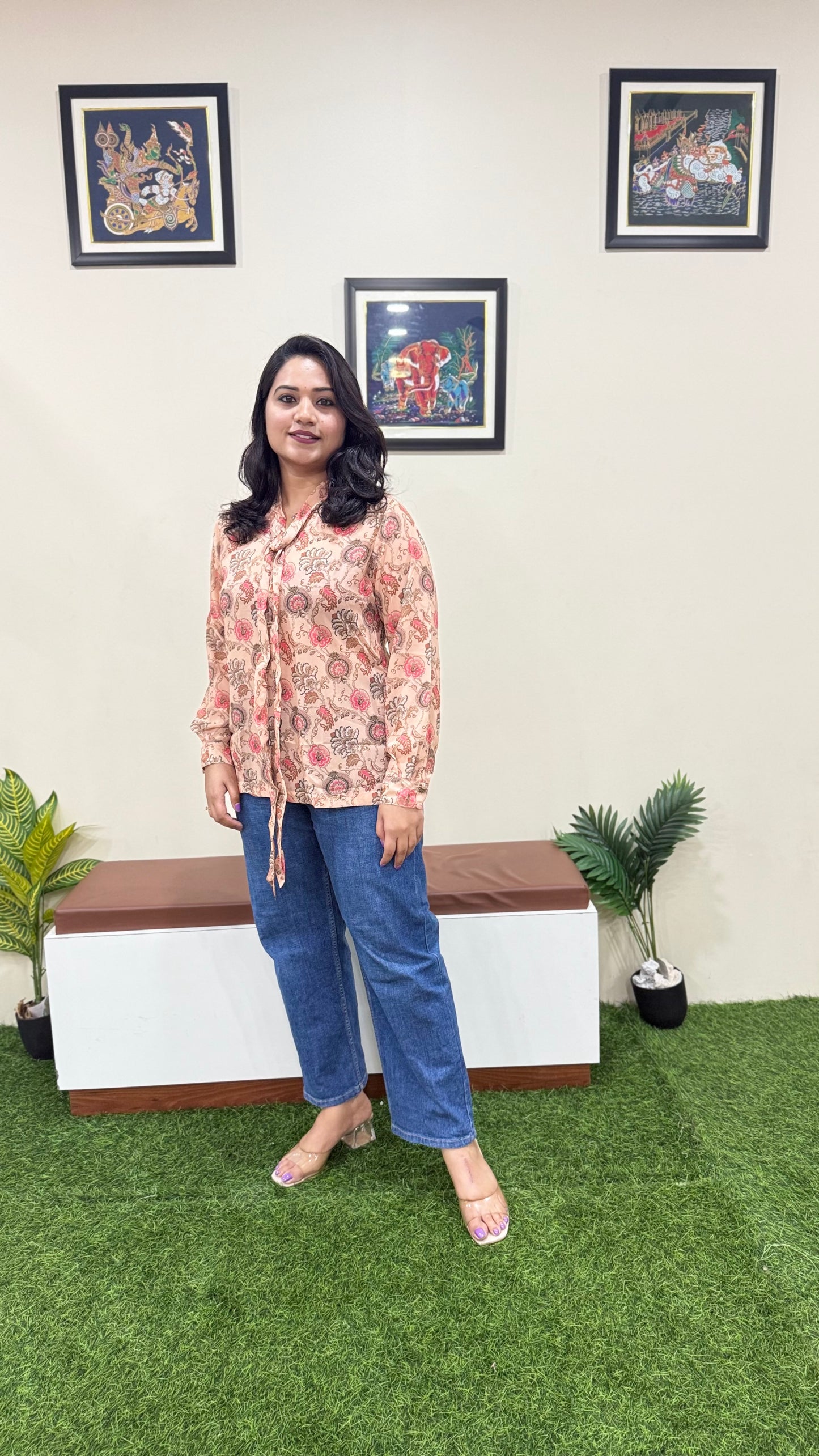 Peach Georgette Floral Print Regular Top