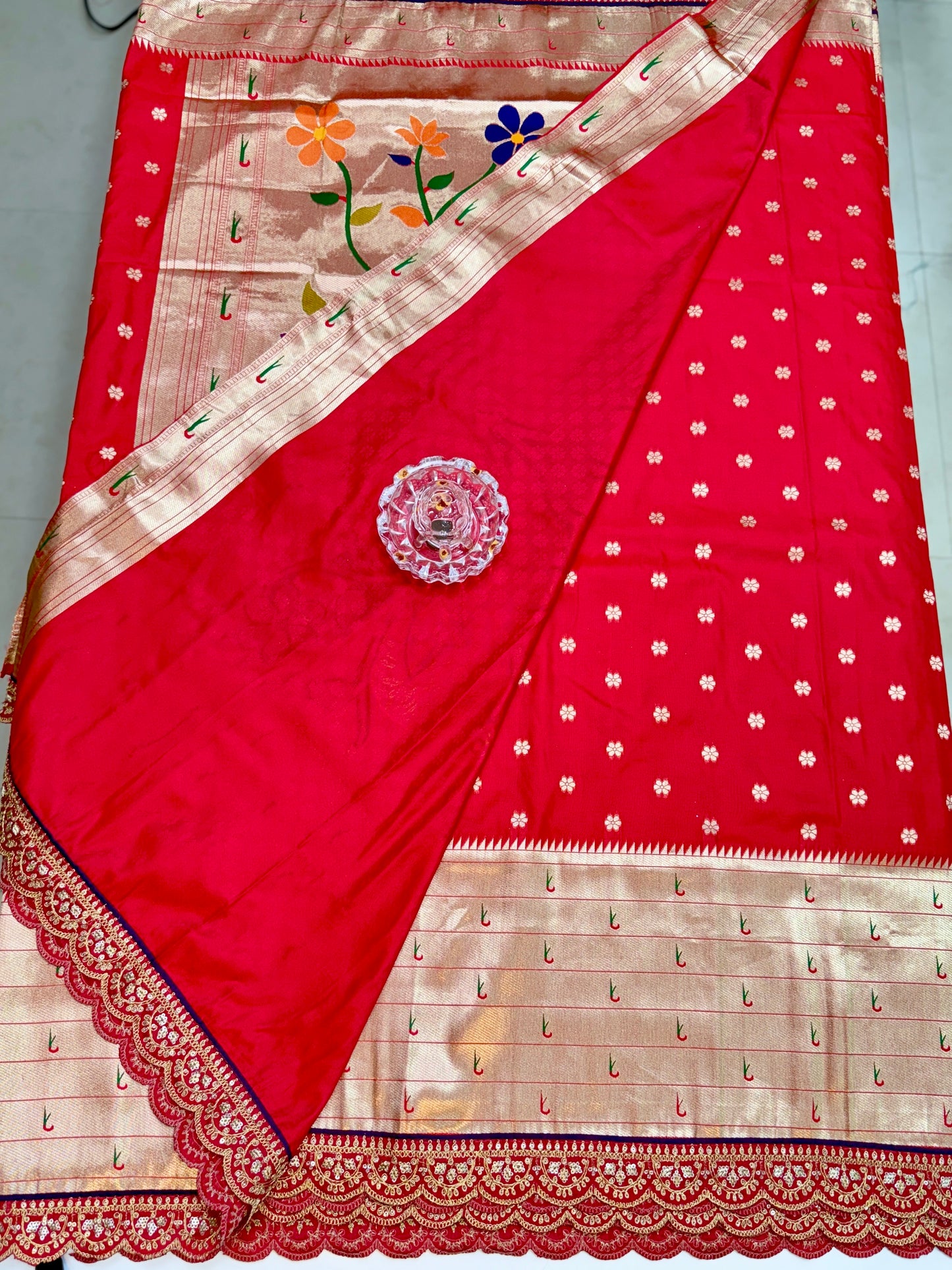 Paithani Lace Border Saree with Parrot Motifs and Contrast Blouse