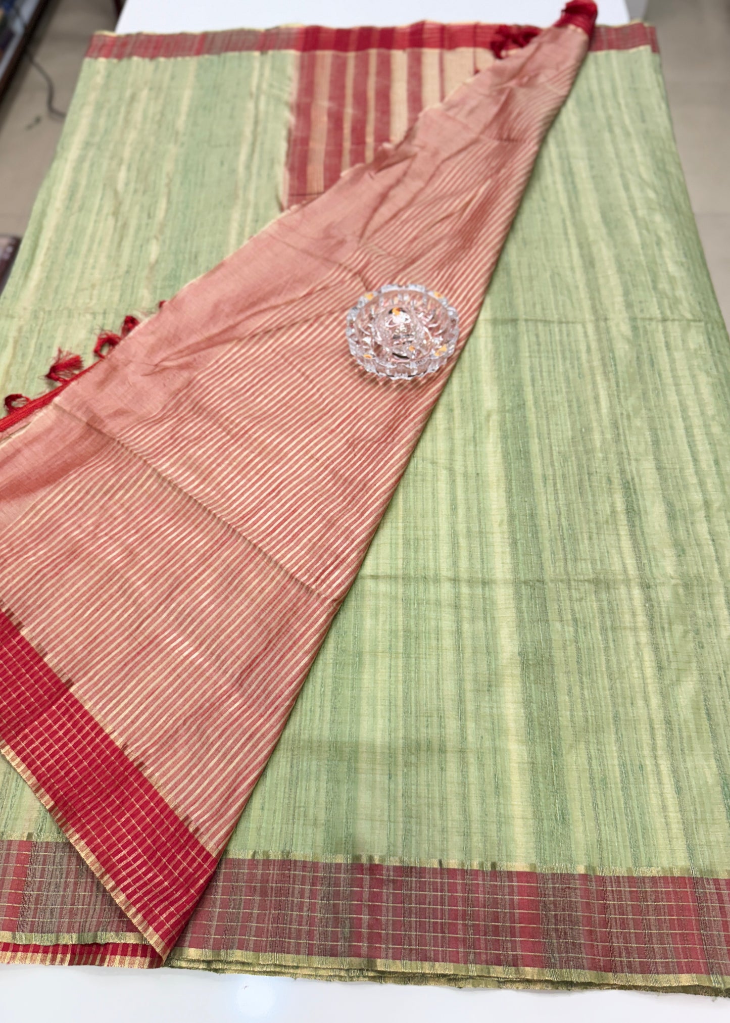 Handloom Style Katan Silk Saree with Red Zari Border – Elegant Office & Festive Wear Saree for Women