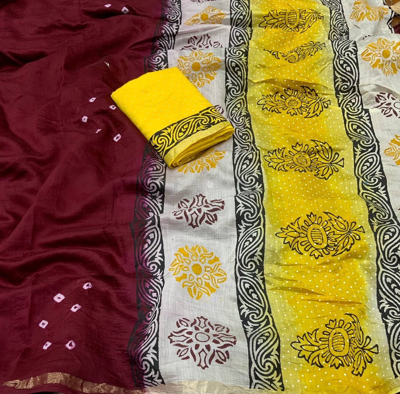 Exquisite Handcrafted Bandhani and Block Print Chanderi Cotton Saree