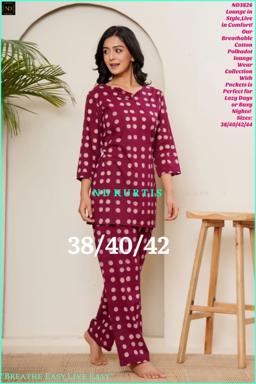 Cotton Polka Dot Lounge Wear Set for Women with Pockets – Maroon Relaxed Fit