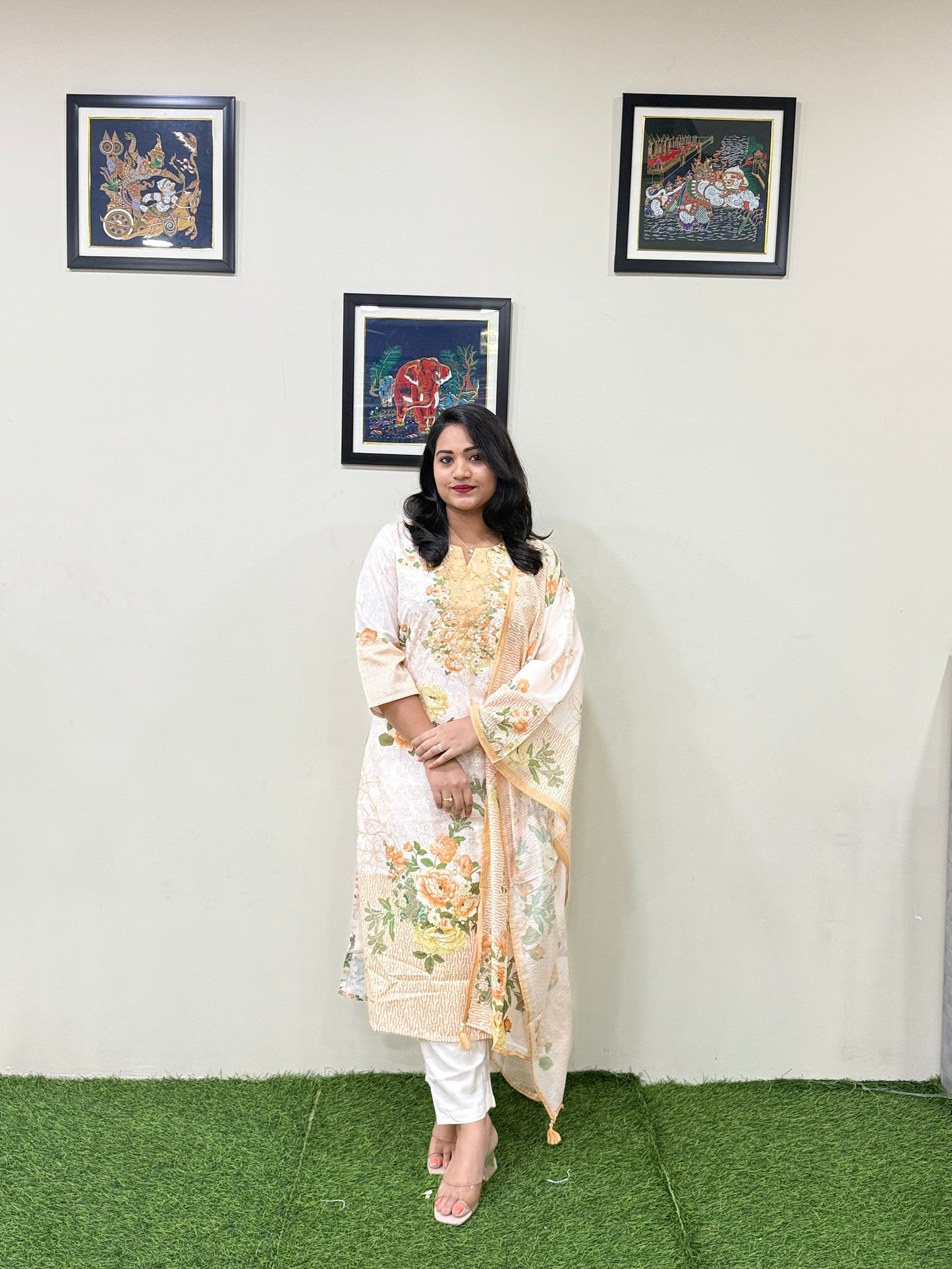 Women’s Linen Schiffli Embroidered Kurta Set with Cotton Pant and Viscose Mal Dupatta – L to 3XL