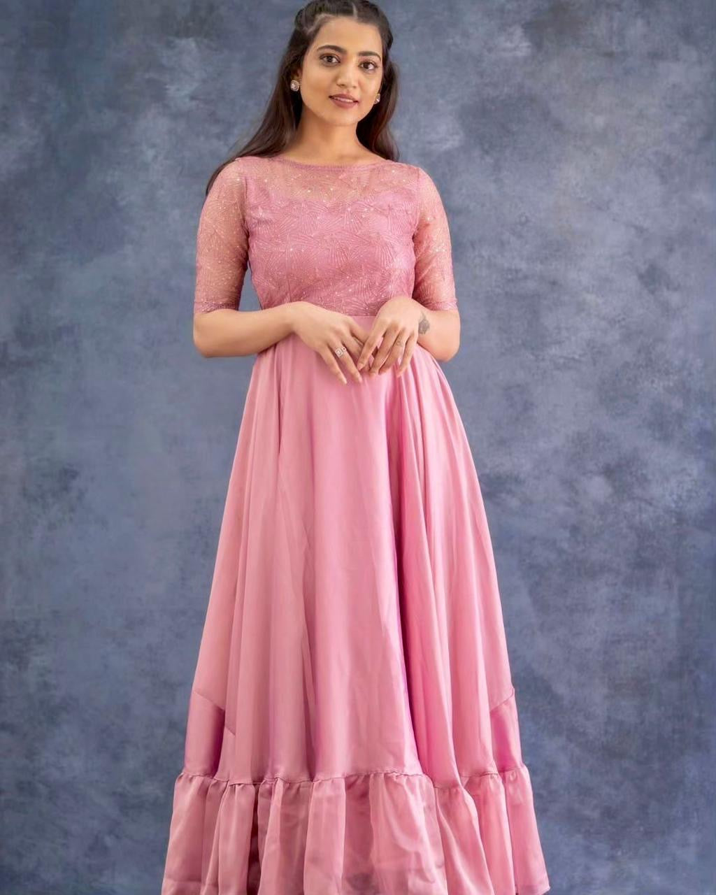 Stunning Pastel Pink Party Wear Gown with Butterfly Net and Embroidery