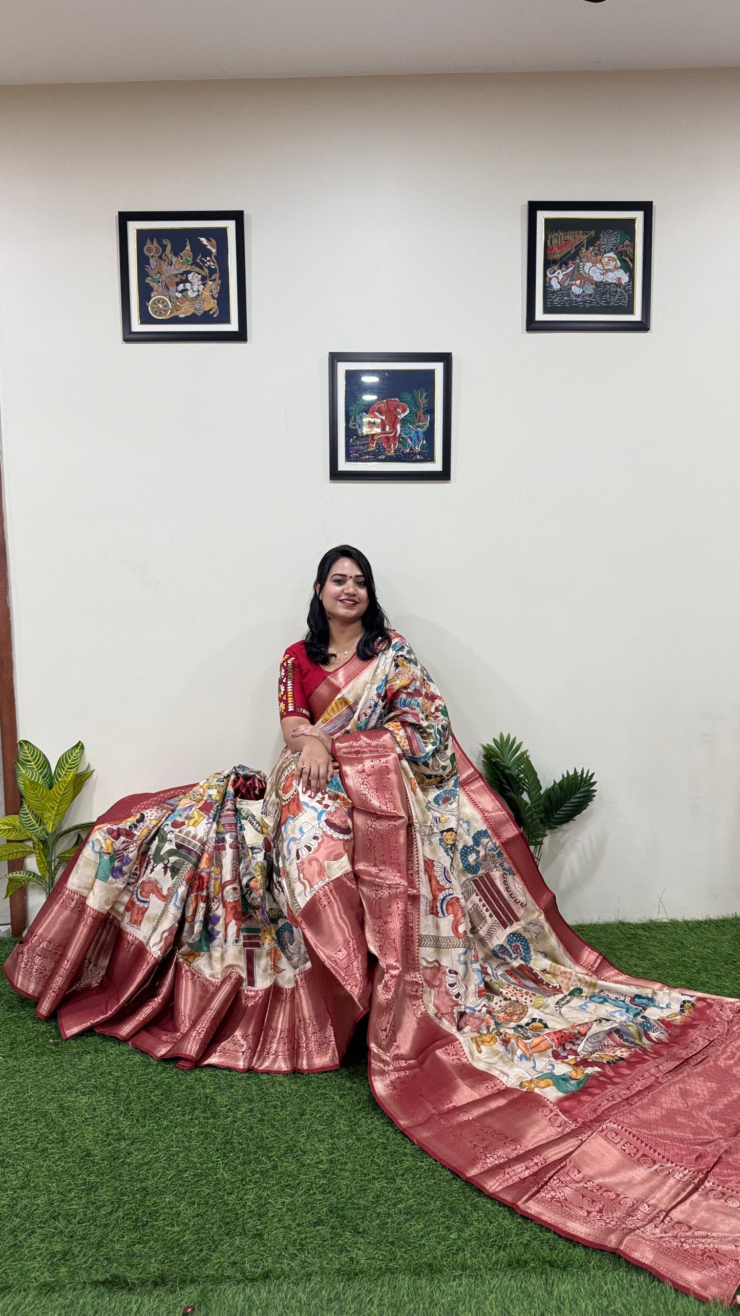 Banarasi Soft Silk Saree with Kalamkari Block Print and Zari Weaving – Party Wear for Women