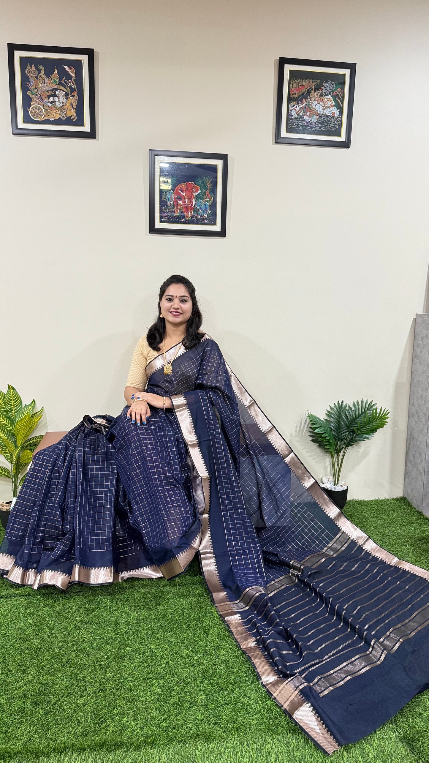 Mangalgiri Soft Semi Tussar Silk Saree with Check Pattern and Blouse Piece for Women – Lightweight Drape