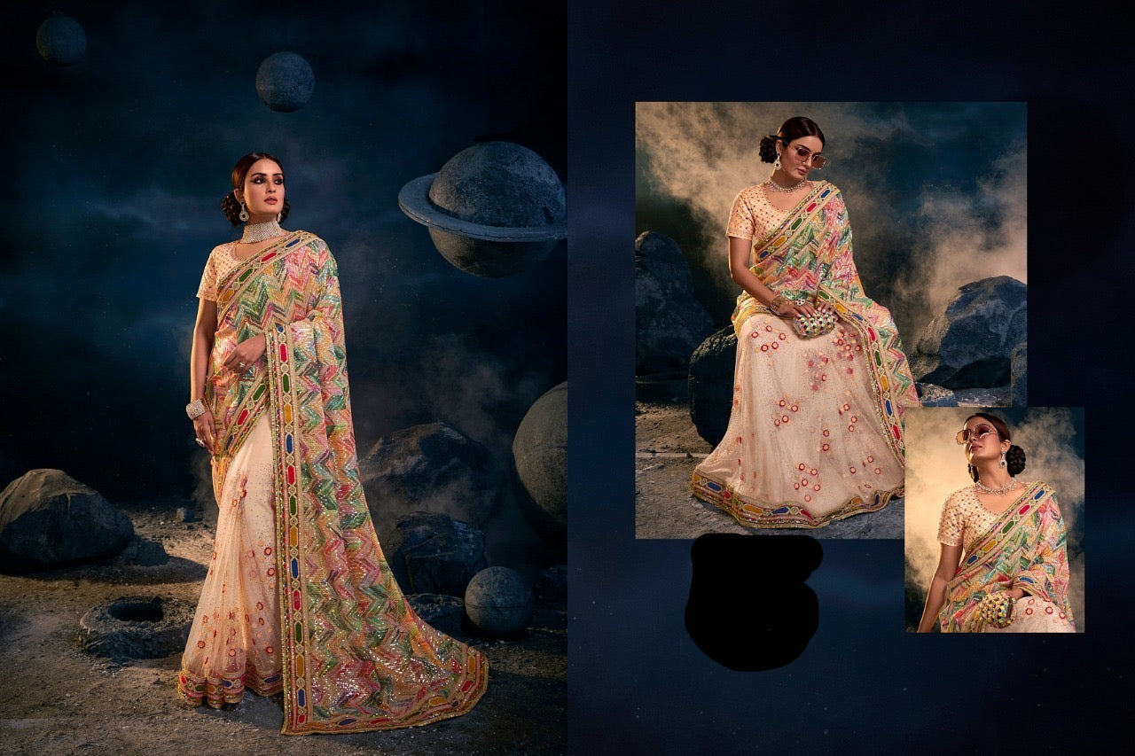 Peach Sequin Embroidered Saree for Women – Fancy Designer Fabric with Multicolour Border and 3D Floral Work