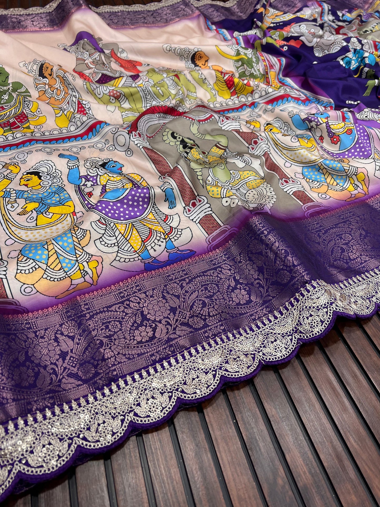 Pure Dola Lichi Soft Silk Saree Pure Pichwai Print Kalamkari High-Quality HD Digital Printing with Heavy Coding Sequence
