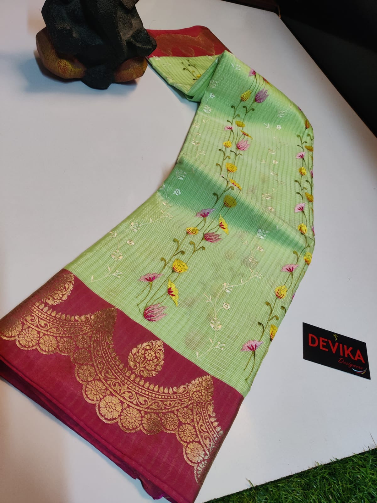 Banarasi Handloom - New Arrivals - Kota Check fabric and intricate multi-color Mina embroidery