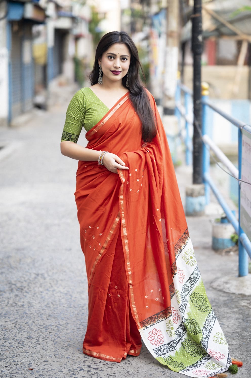 Exquisite Handcrafted Bandhani and Block Print Chanderi Cotton Saree