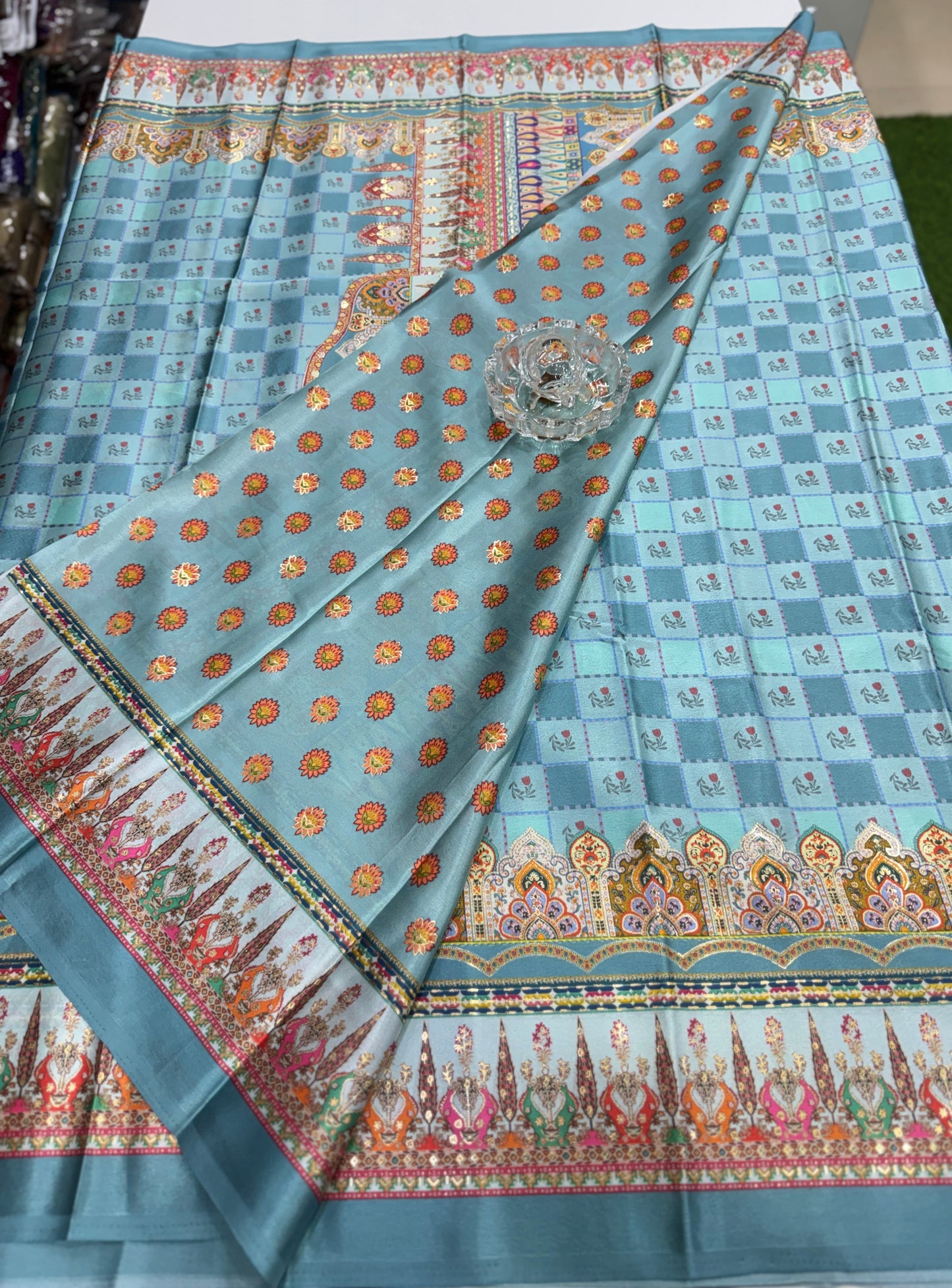 Japan satin saree for women with position print pallu and blouse, soft satin printed saree for festive and casual wear