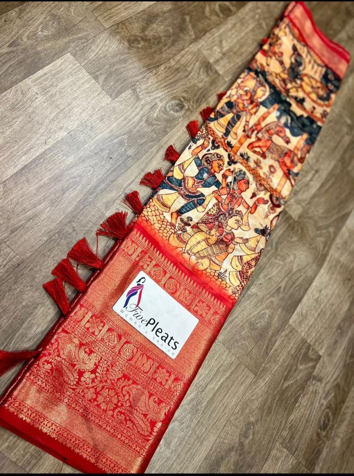Pratibha Soft Banarasi Silk Kalamkari Block Print Designer Party Wear Saree