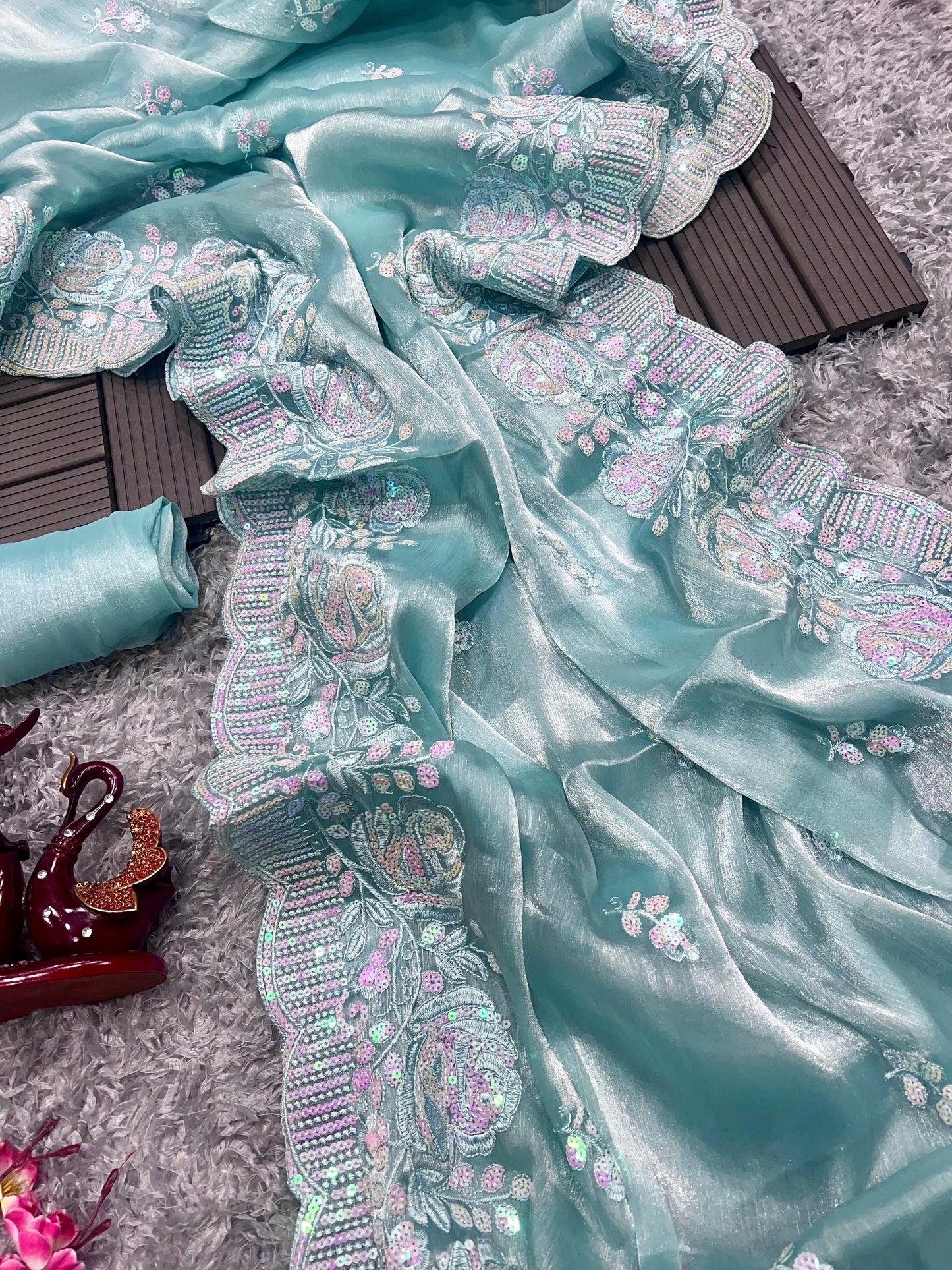 Heavy Berberry Silk Saree with Multicolored Thread and Sequin Embroidery – Festive and Wedding Wear