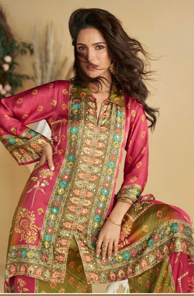 Crepe Silk Digital Printed Co-Ord Set with Mirror Work for Women – Festive Wear Kurta Pant Set