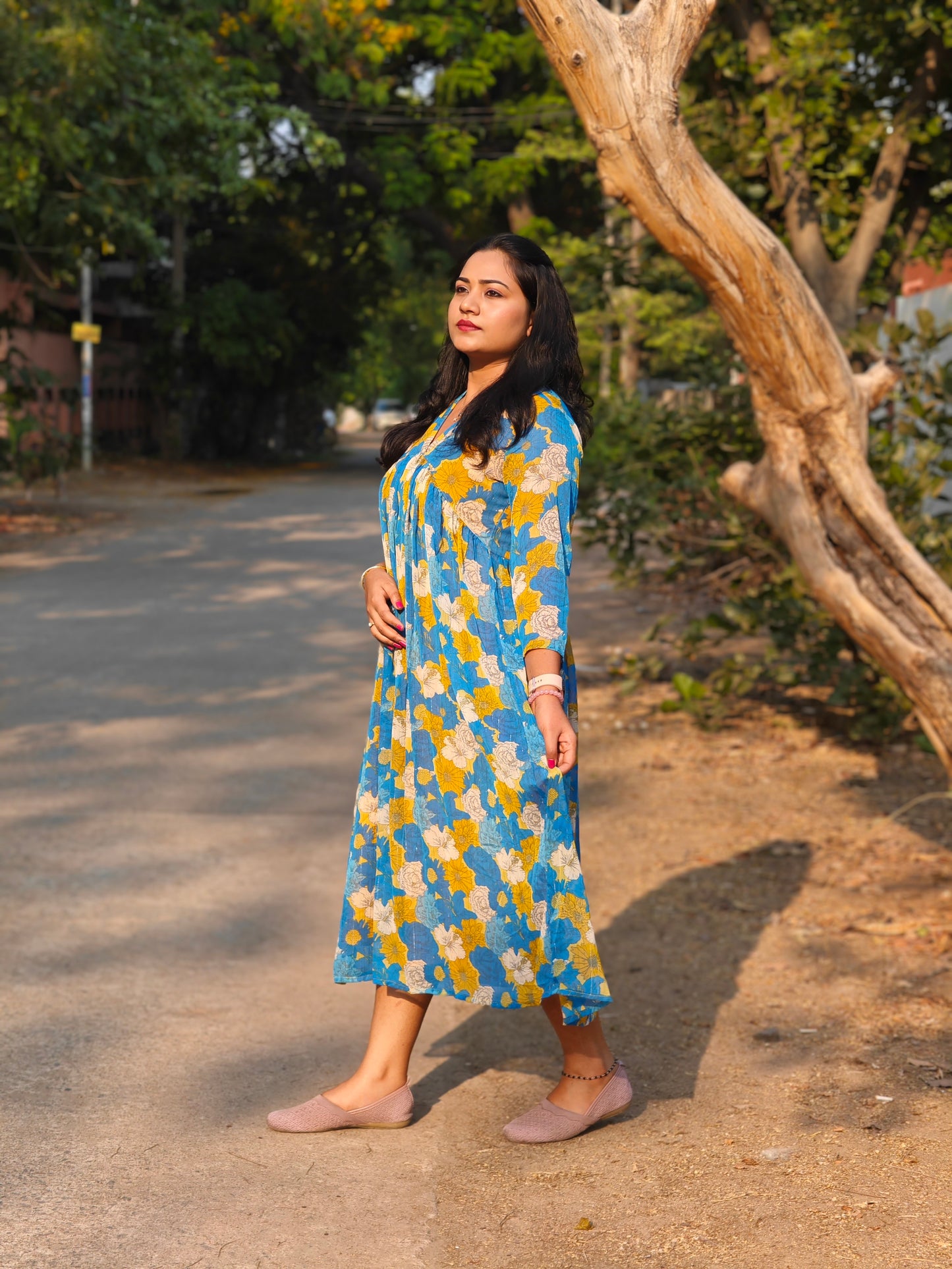 Blue Chiffon Lurex Floral Printed Flared Dress