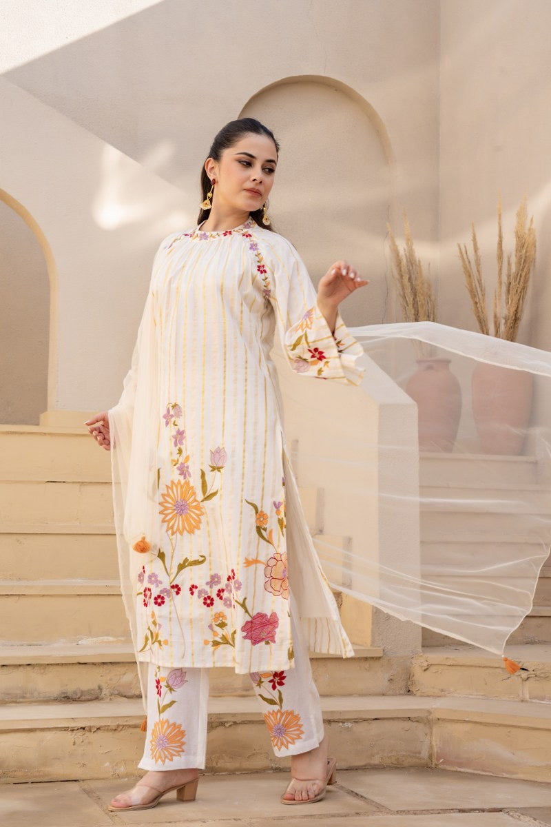 Pure Cotton Embroidered Kurta Pant Dupatta Set for Women – Available in Two Colors