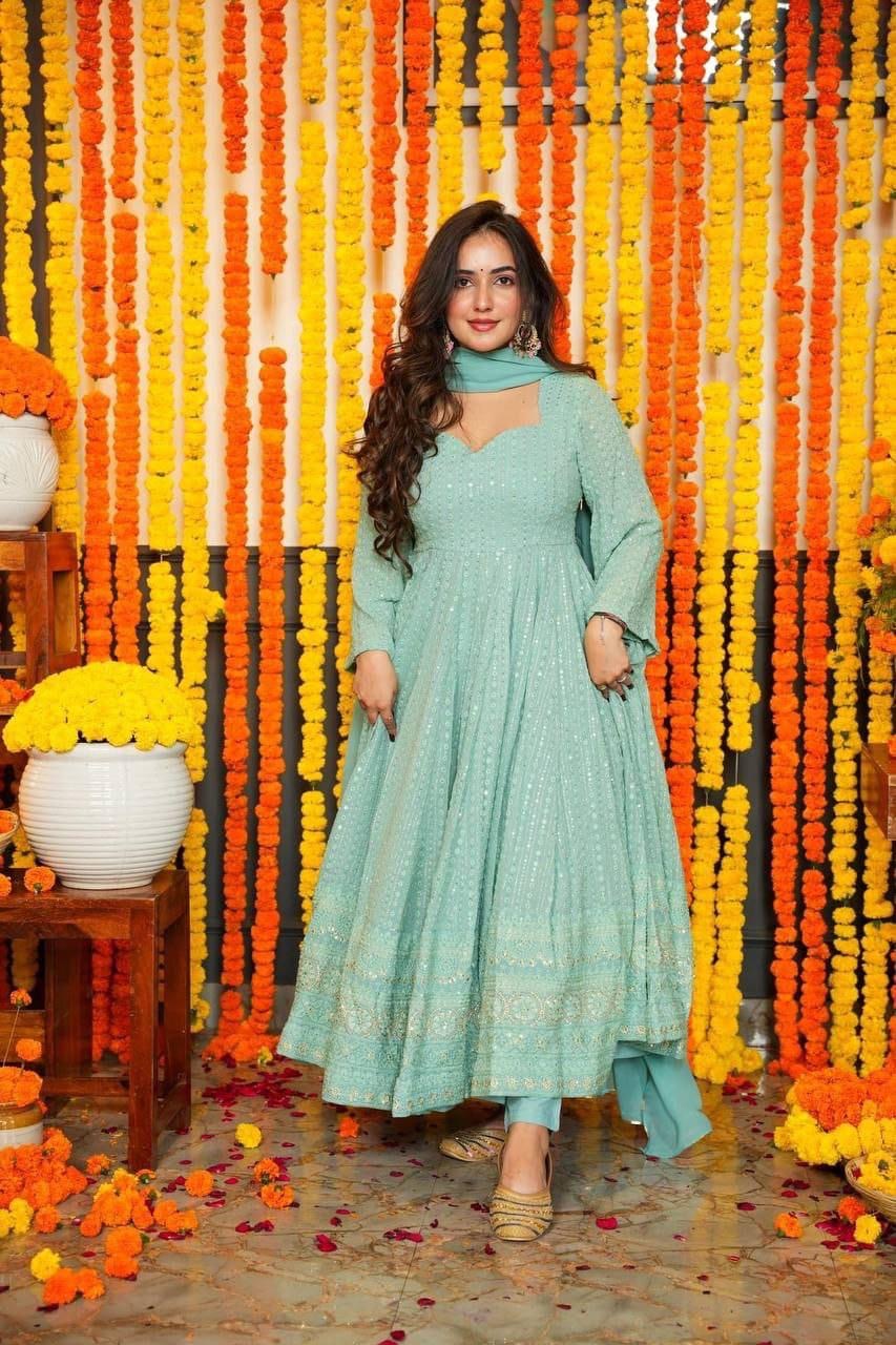 Pastel Blue Pure Fox Georgette Multi Floral Print Anarkali Set