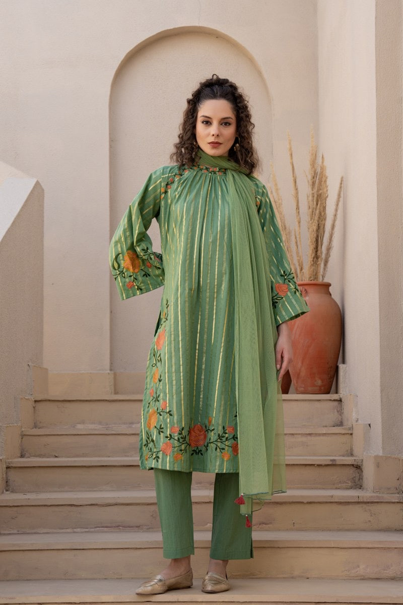 Pure Cotton Embroidered Kurta Pant Dupatta Set for Women