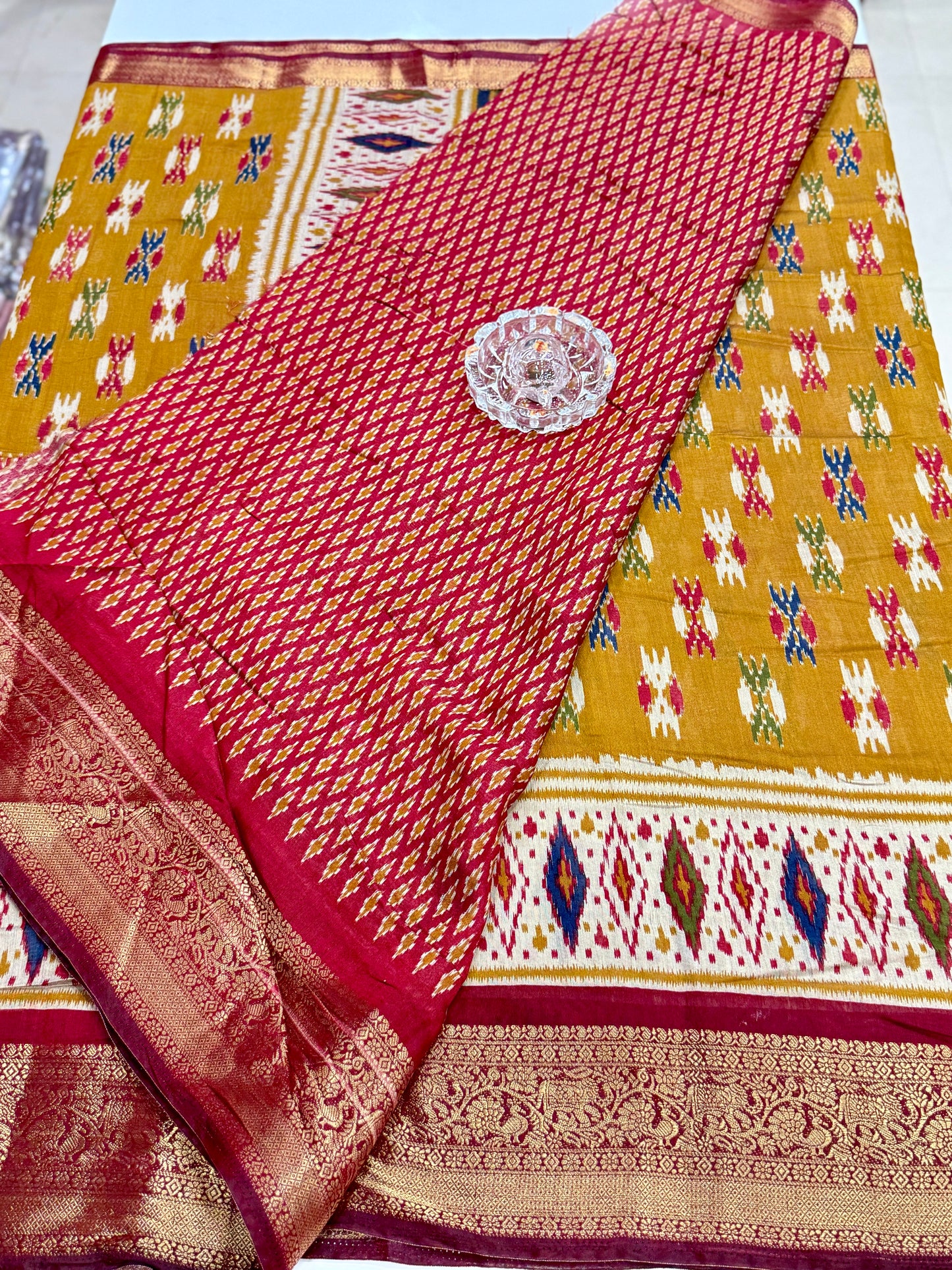 Semi Maheshwari Silk Saree with Zari Border & Ikat Style Weaving for Women