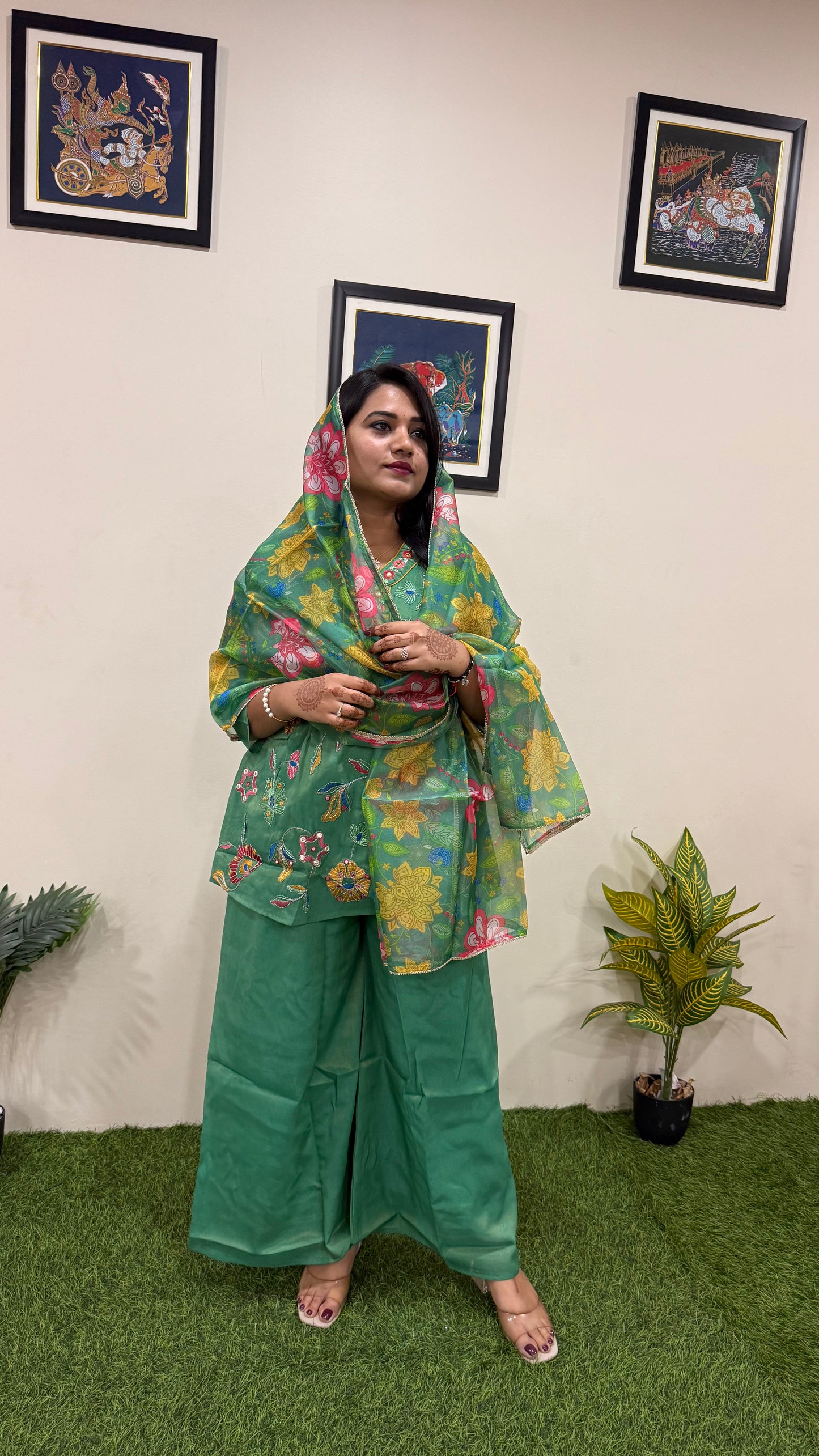 Viscose Shimmer Zari Silk Kurta Plazo Dupatta Set with Handwork and Digital Print Dupatta – Sizes XL to 3XL