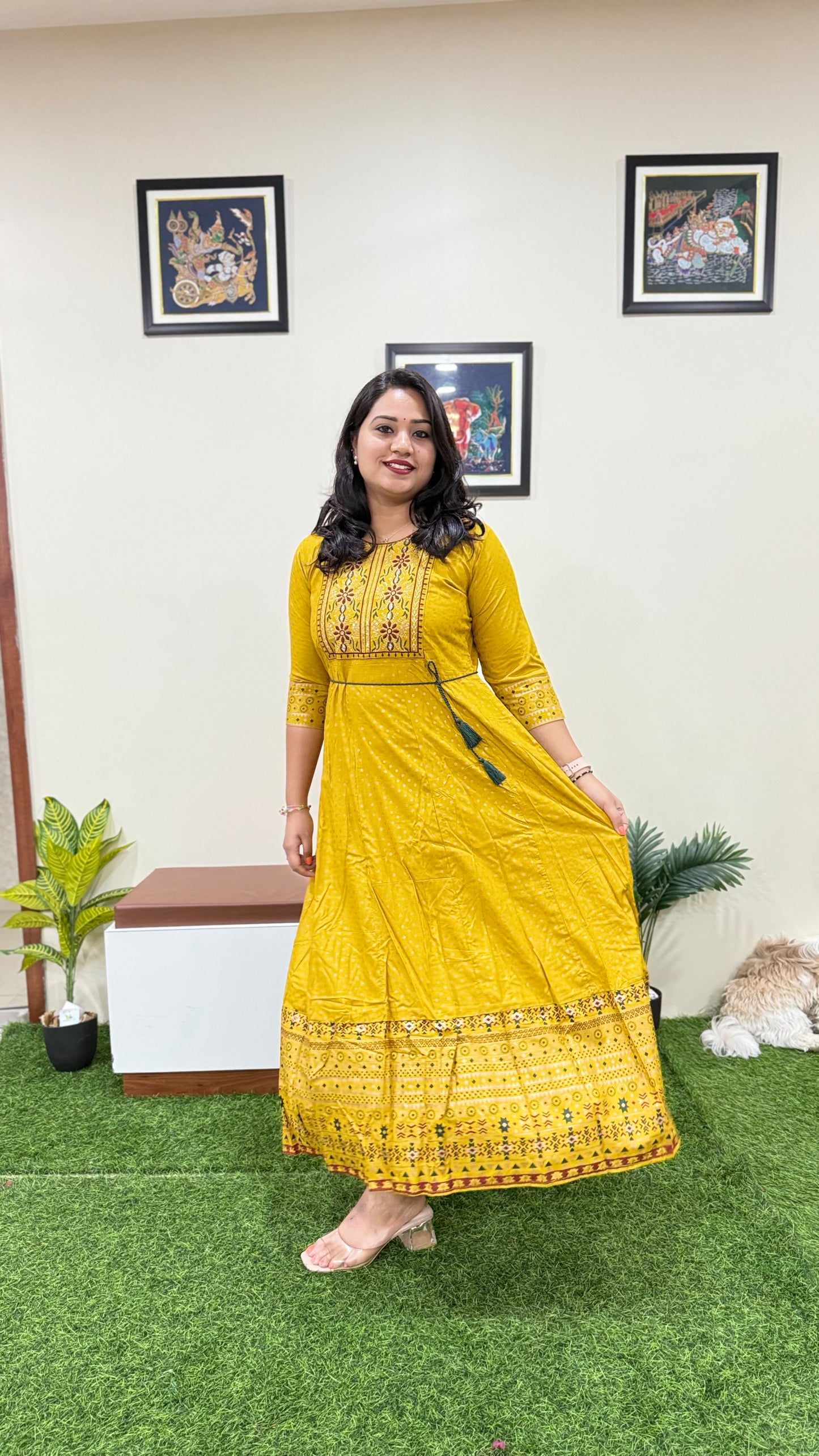 Rayon Foil Print Anarkali Gown with Embroidered Neck and Belt – Liva Tag – Sizes M to 3XL