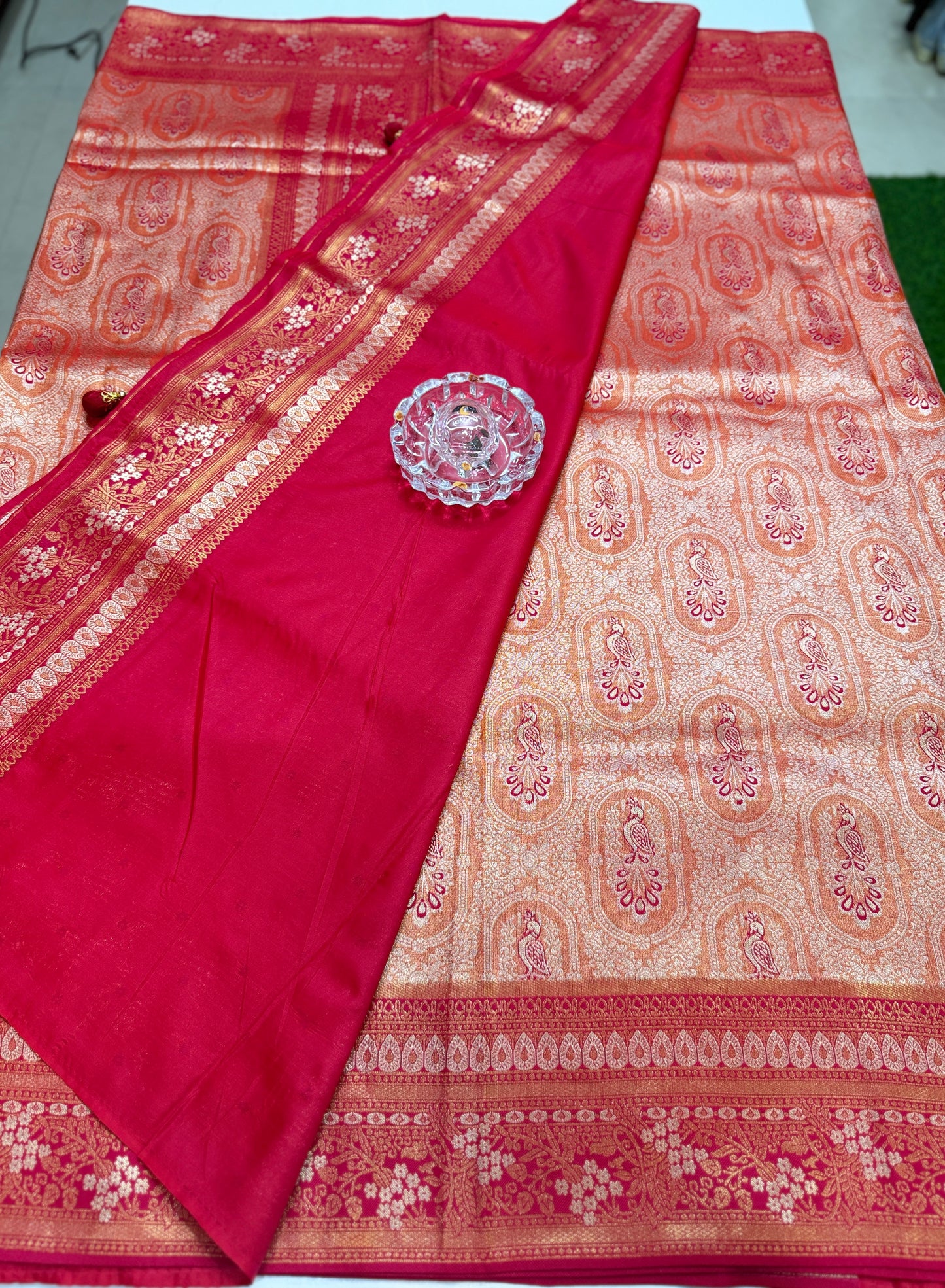 Kanjivaram Soft Silk Saree with Meenakari Weaving, Broad Pattu and Potli Tassels – Wedding Silk Saree for Women
