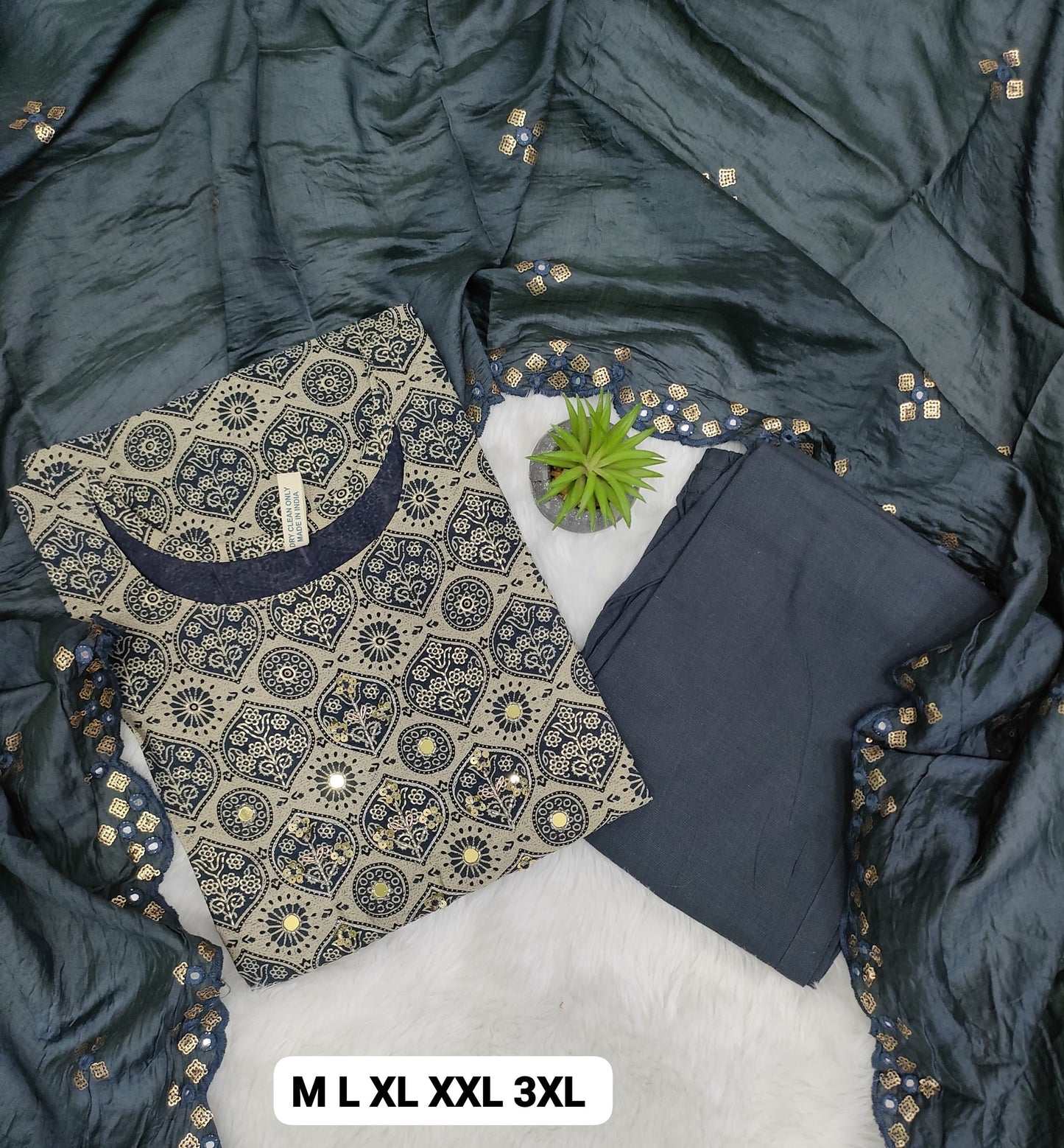 Handcrafted Modal Silk Kurti with Pant & Heavy Work Dupatta – Sizes M to 3XL