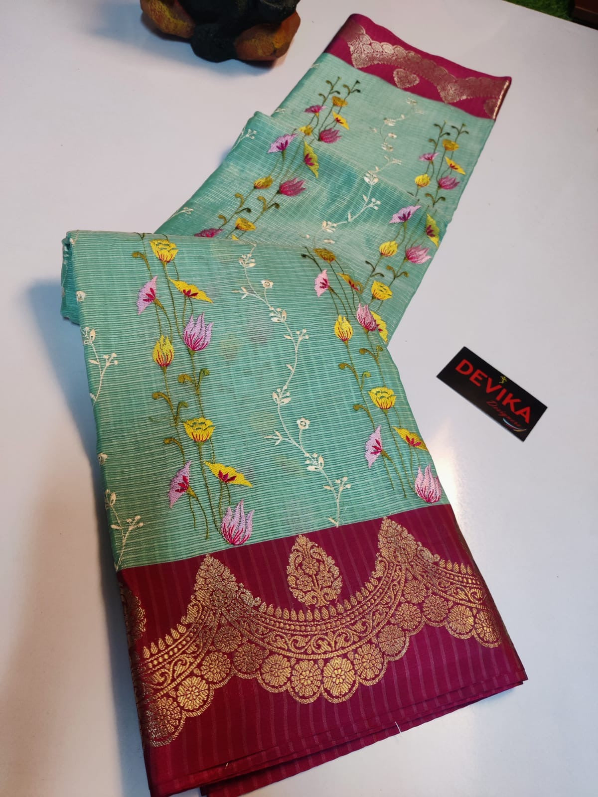 Banarasi Handloom - New Arrivals - Kota Check fabric and intricate multi-color Mina embroidery