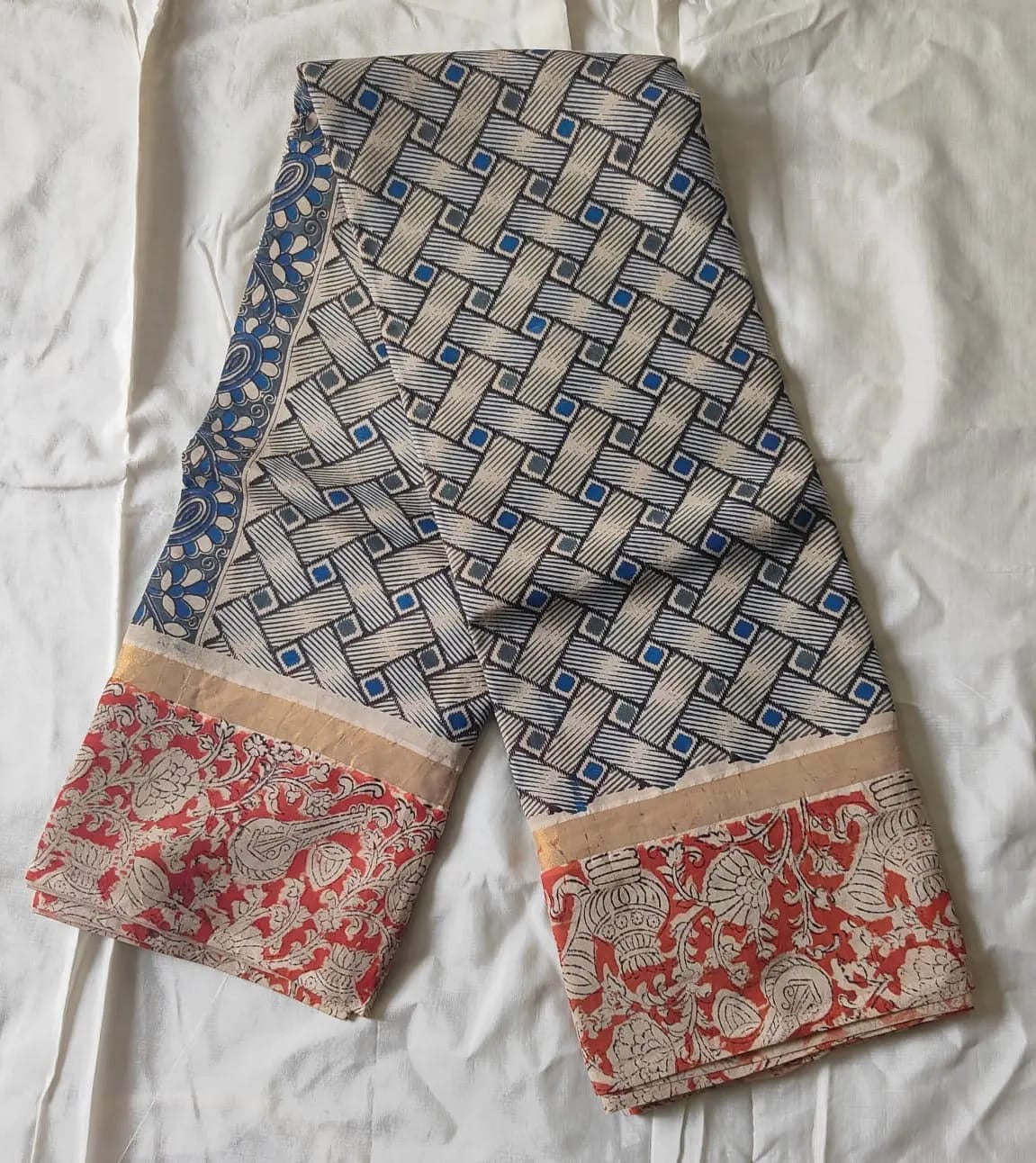 Exquisite Handloom Nellore Silk Saree with Kalamkari Print & Hand Printed Border