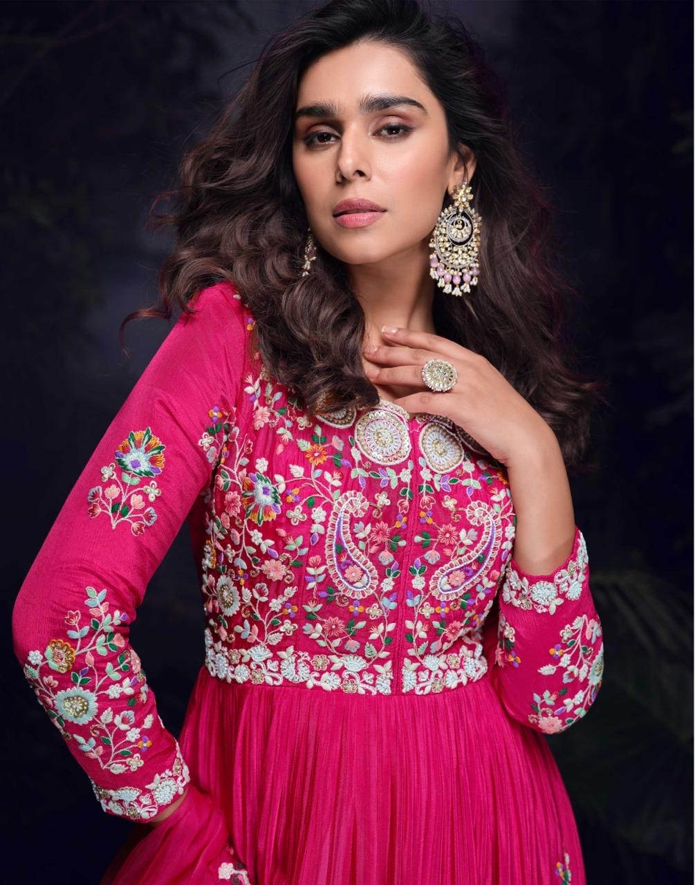 Real Chinon Silk Embroidered Gown Set with Embroidered Organza Dupatta – Free Size for Women