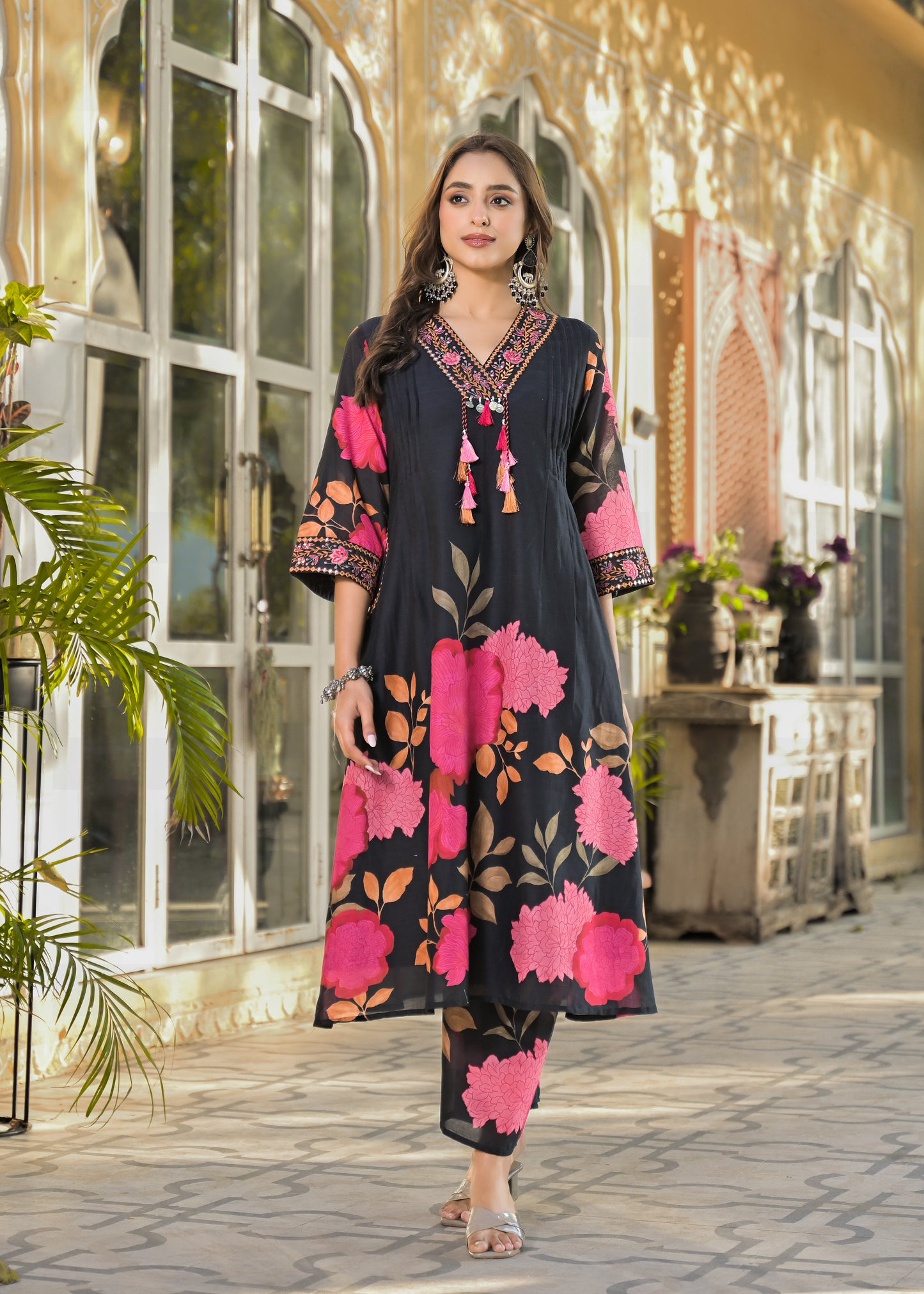 Floral Cotton Kurta Pant Dupatta Set with Pintuck Design Thread and Sequence Work for Women