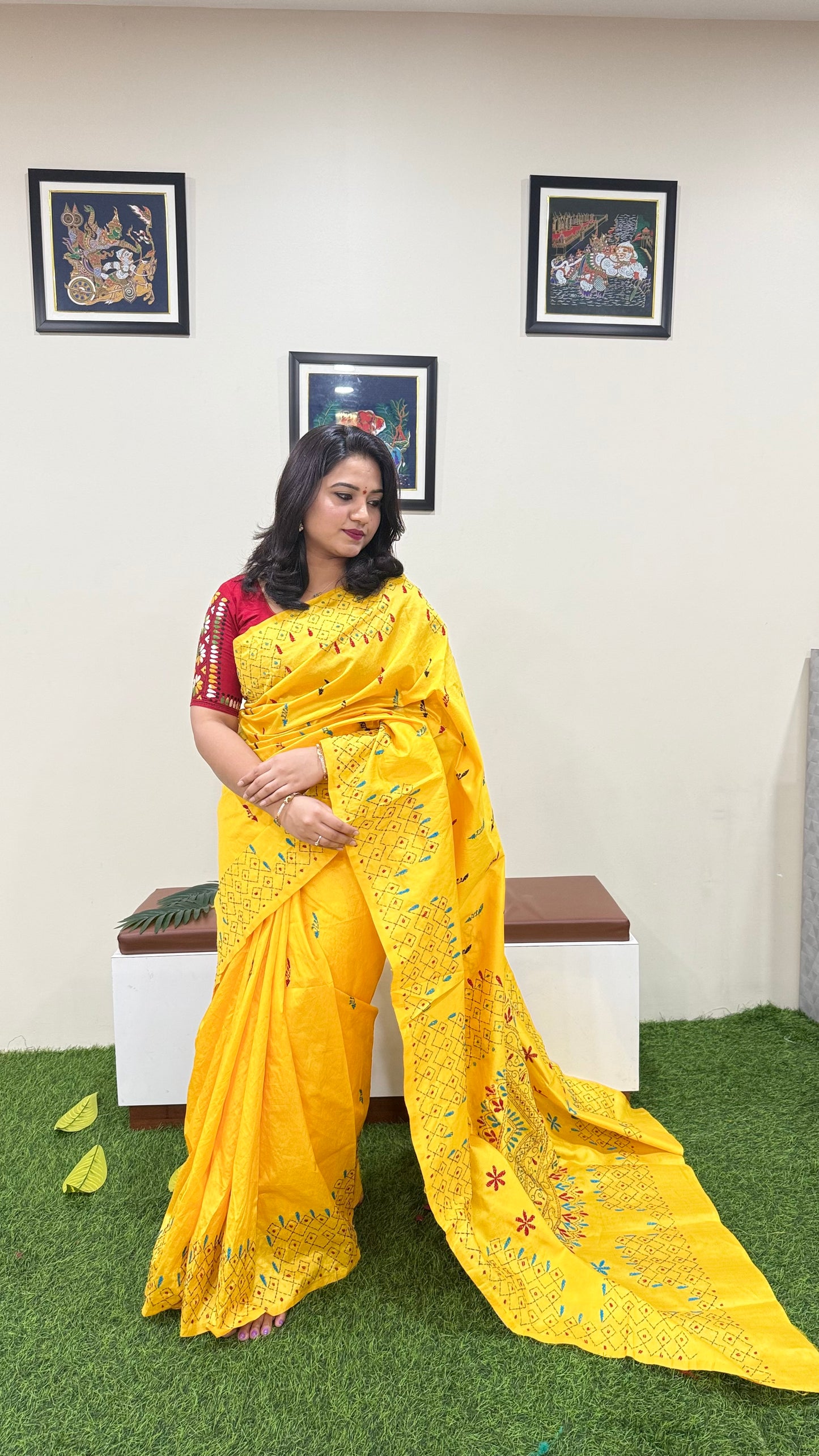 Assam Silk Saree with Kantha Stitch Hand Embroidery and Matching Blouse – Women’s Ethnic Wear