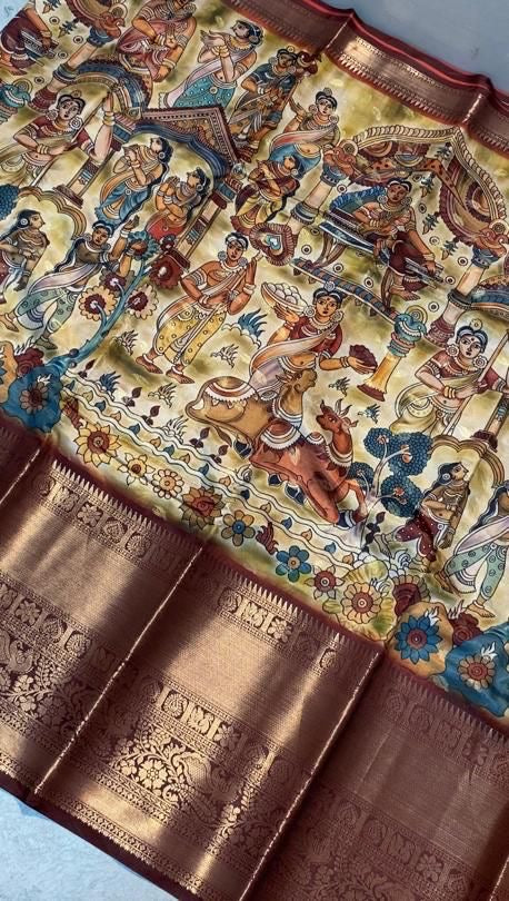 Banarasi Soft Silk Saree with Kalamkari Block Print and Zari Weaving – Party Wear for Women