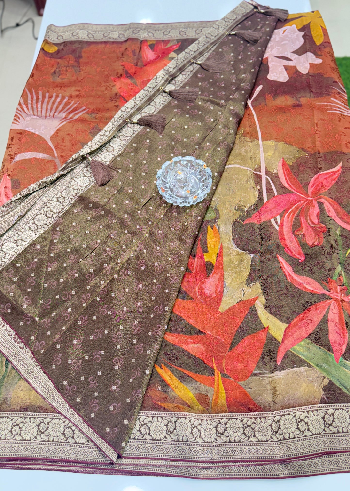 Tissue Zari Silk Saree with Digital Print and Woven Border – Premium Festive and Wedding Saree for Women
