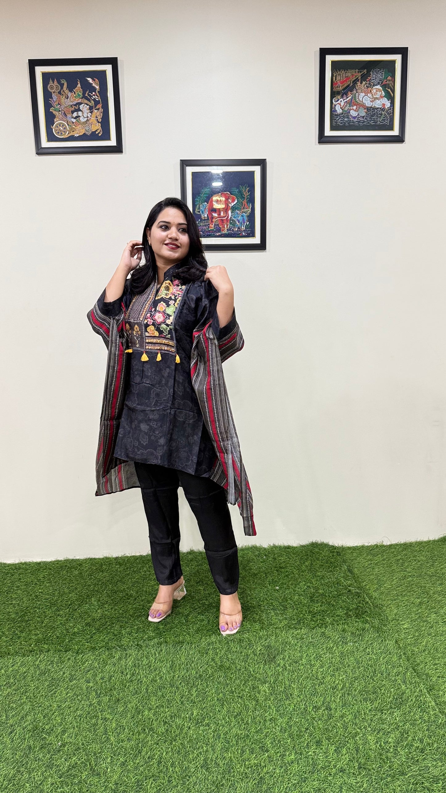 Designer Muslin Digital Print Western Fusion Kurti Pant Set with Mirror and Bead Handwork