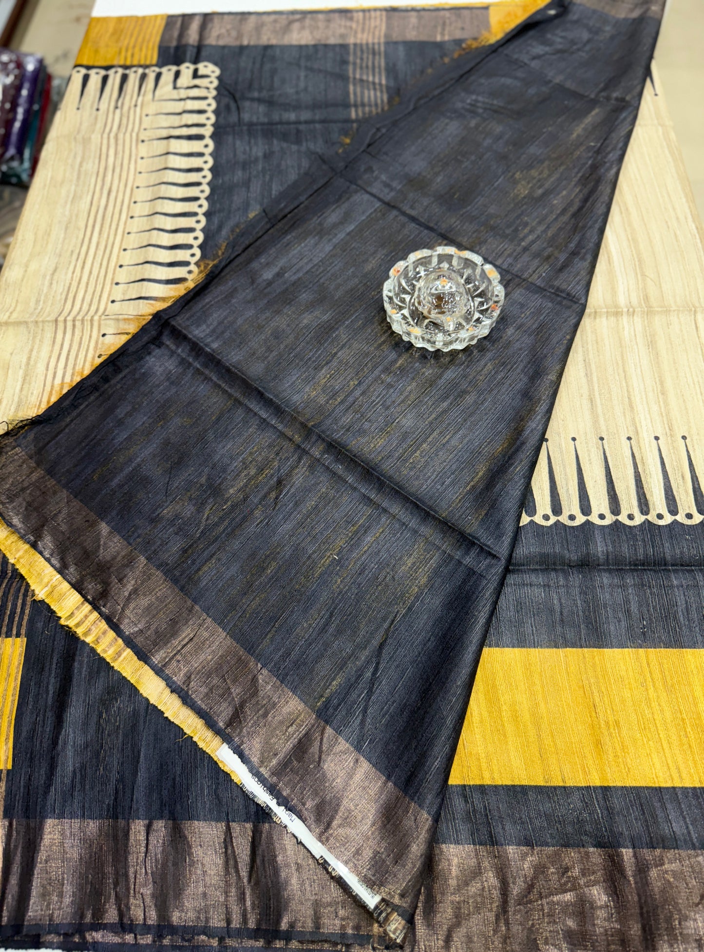 Pure Tussar Ghicha Silk Saree with Zari Border and Printed Design – Silk Mark Certified Handloom Saree