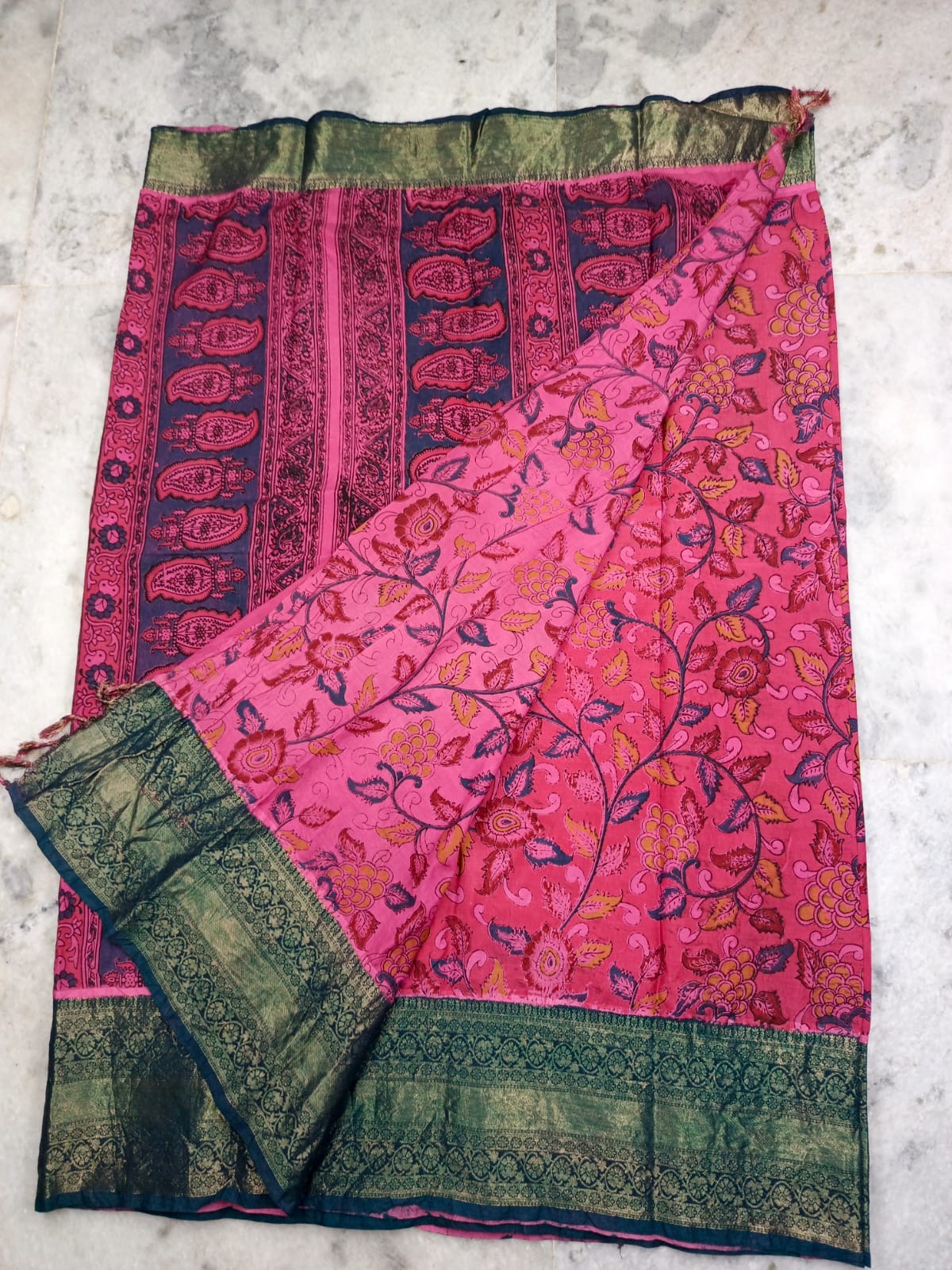 Handloom Nellore Silk Saree with Kanchi Border & Kalamkari Print