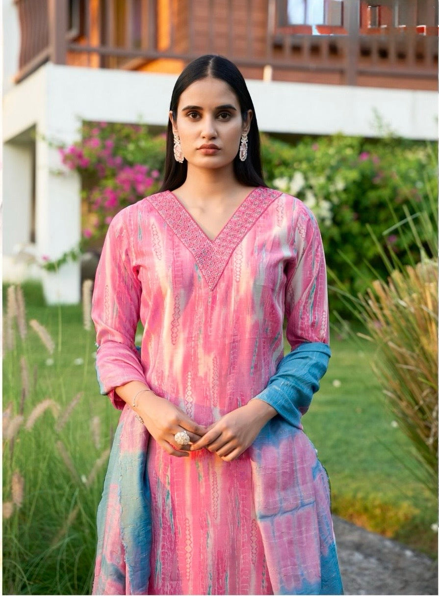 Roman Silk Modal Straight Suit Set with Foil Print, Embroidery and Chanderi Dupatta for Women