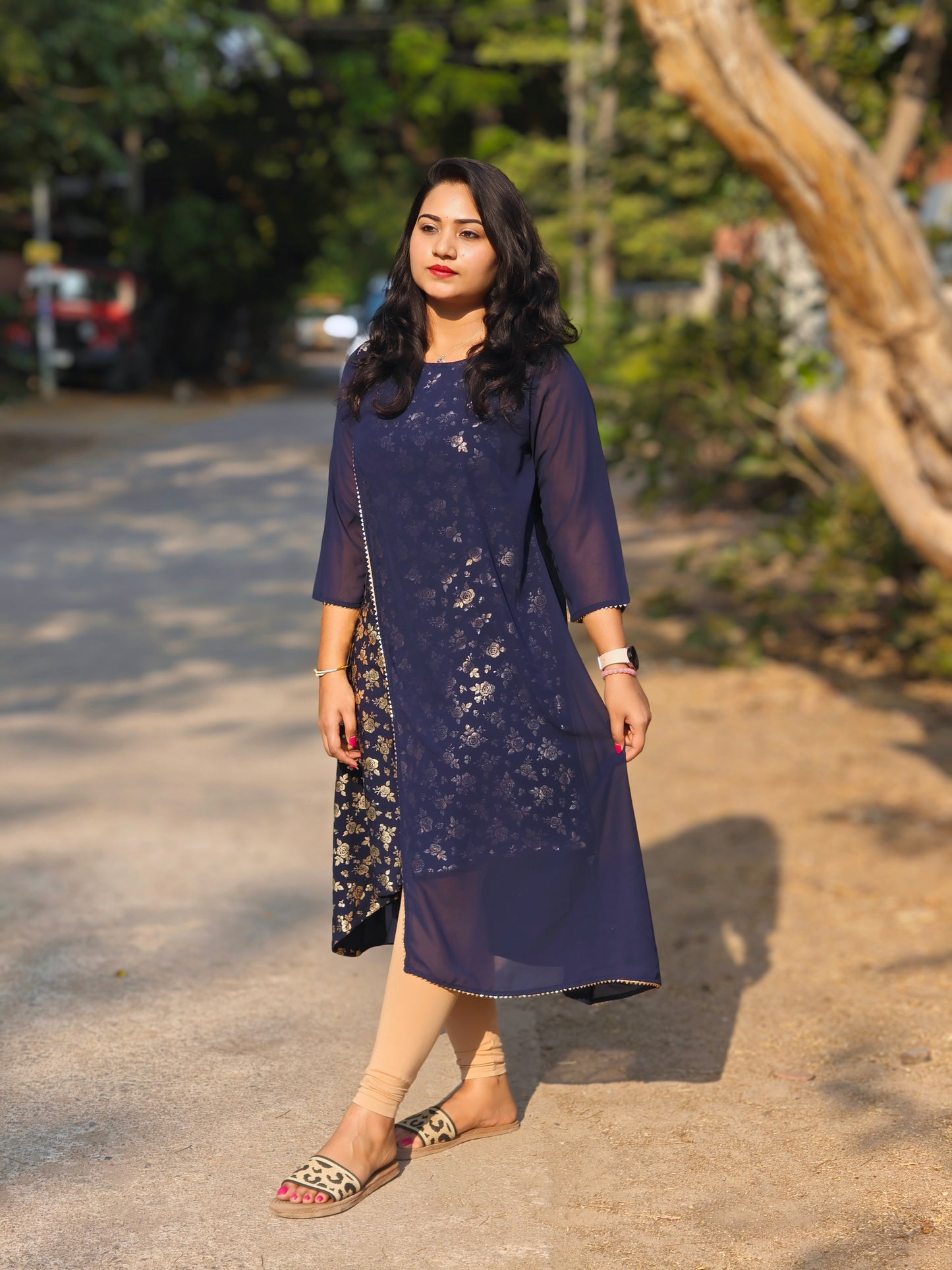 Navy Blue American Crepe Foil A-Line Kurta 4367
