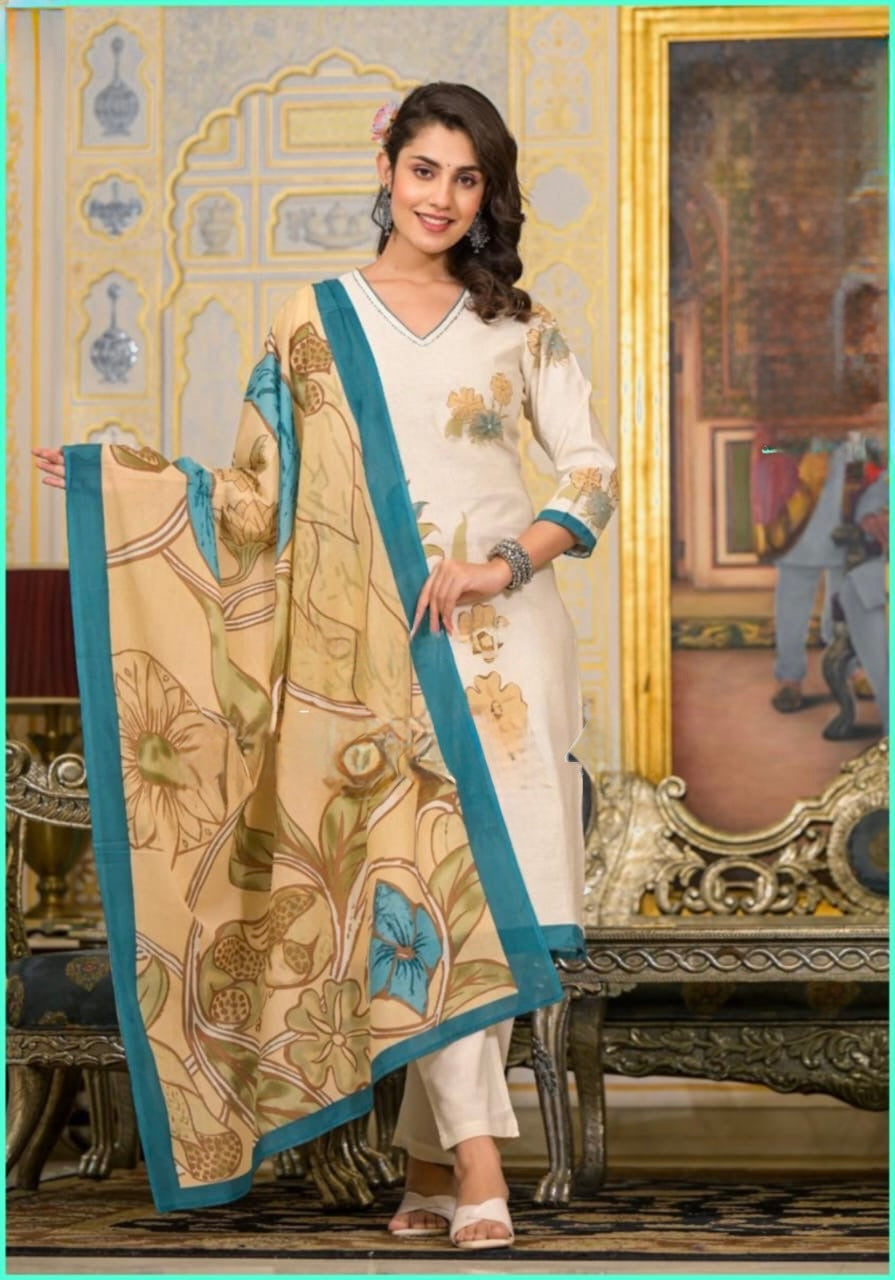 Cotton Flex Block Print Suit Set for Women with Kantha Stitch Embroidery and Dupatta