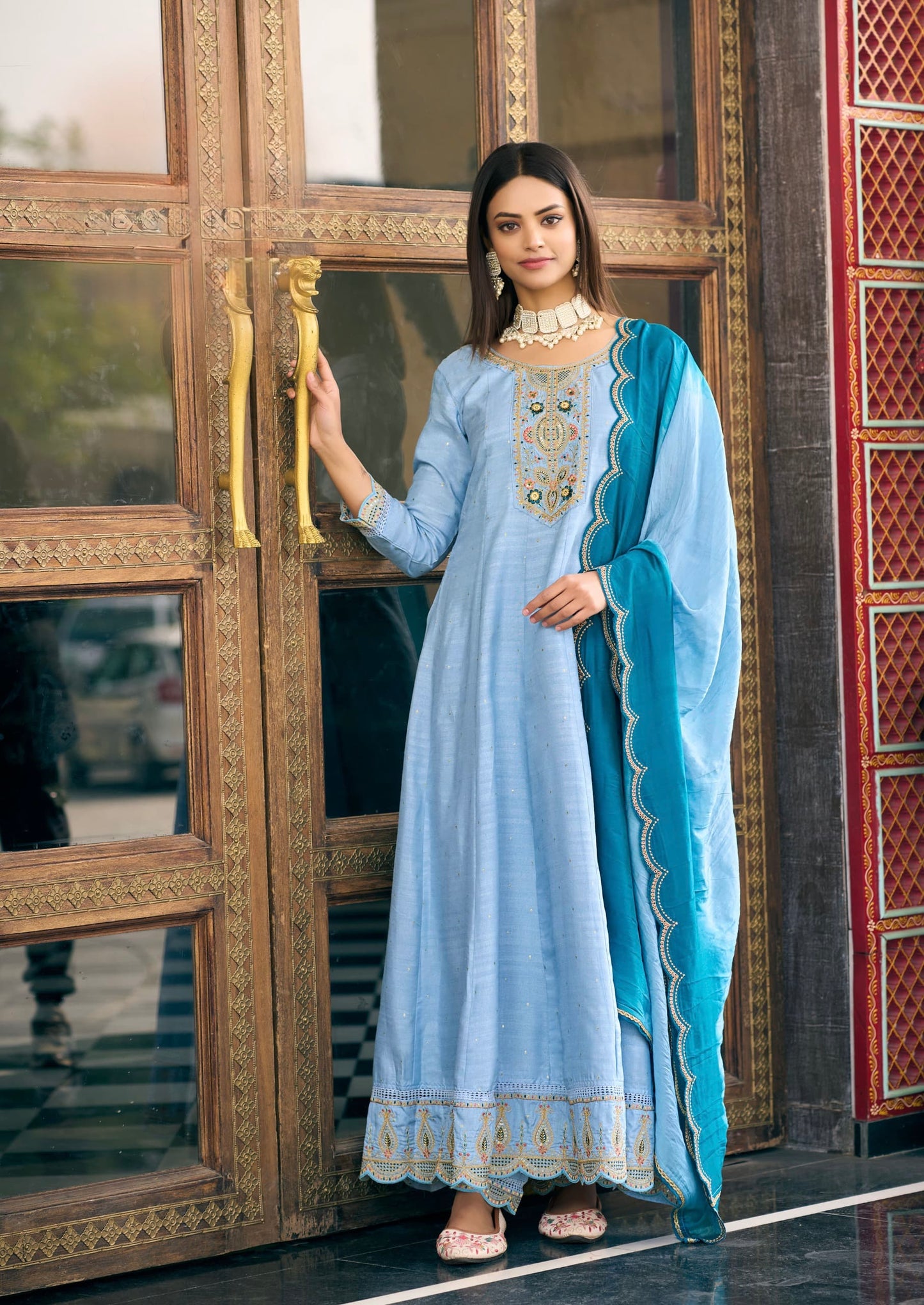 Viscose Jacquard Anarkali Suit Set with Silk Leriya Print Dupatta – XL to 3XL