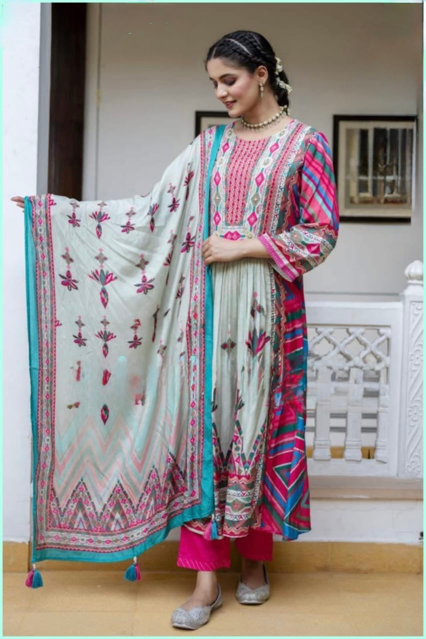 Crepe Suit Set for Women with Digital Print, Katdana and Sequence Work – A-Line Style with Dupatta