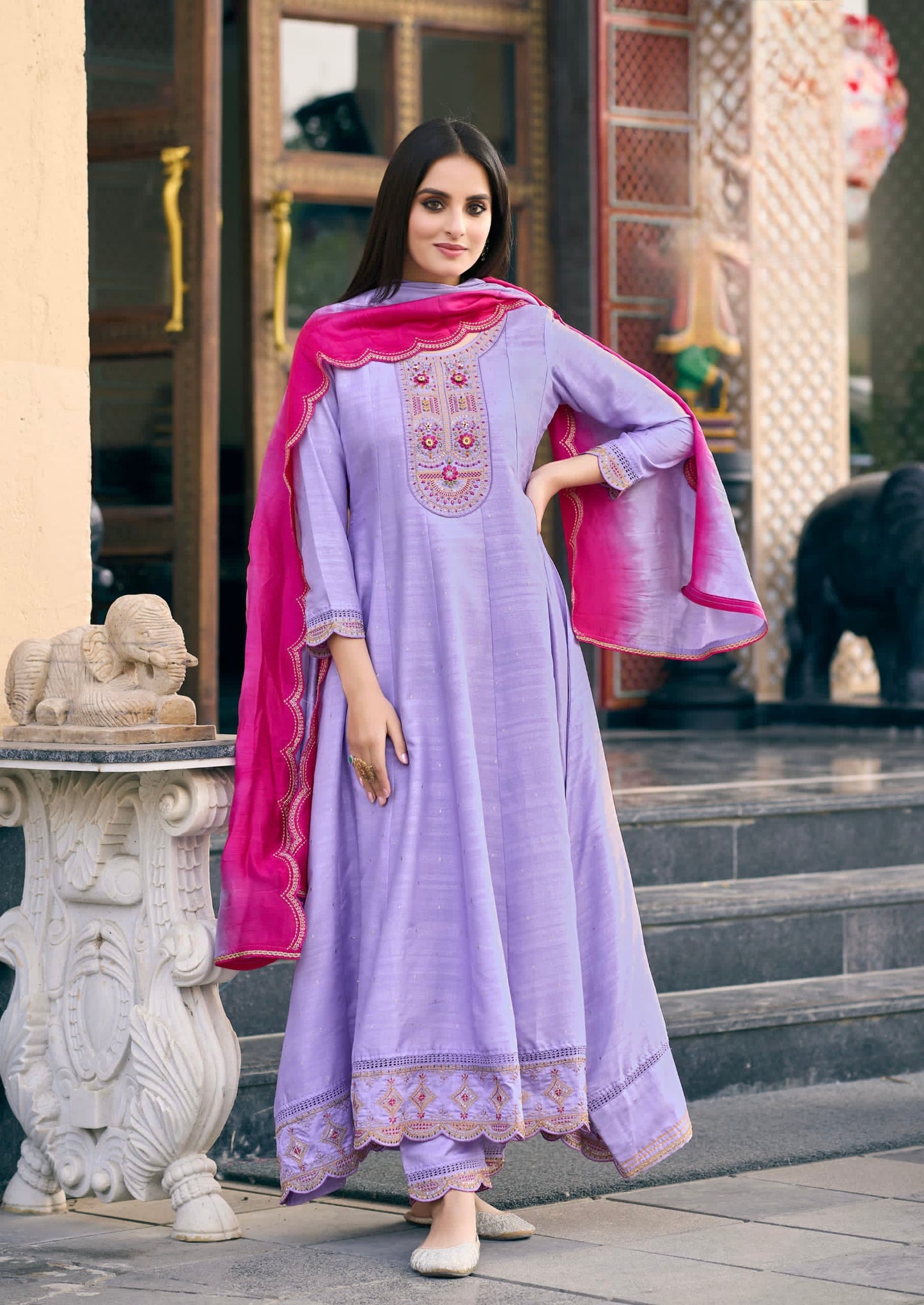 Viscose Jacquard Anarkali Suit Set with Silk Leriya Print Dupatta – XL to 3XL