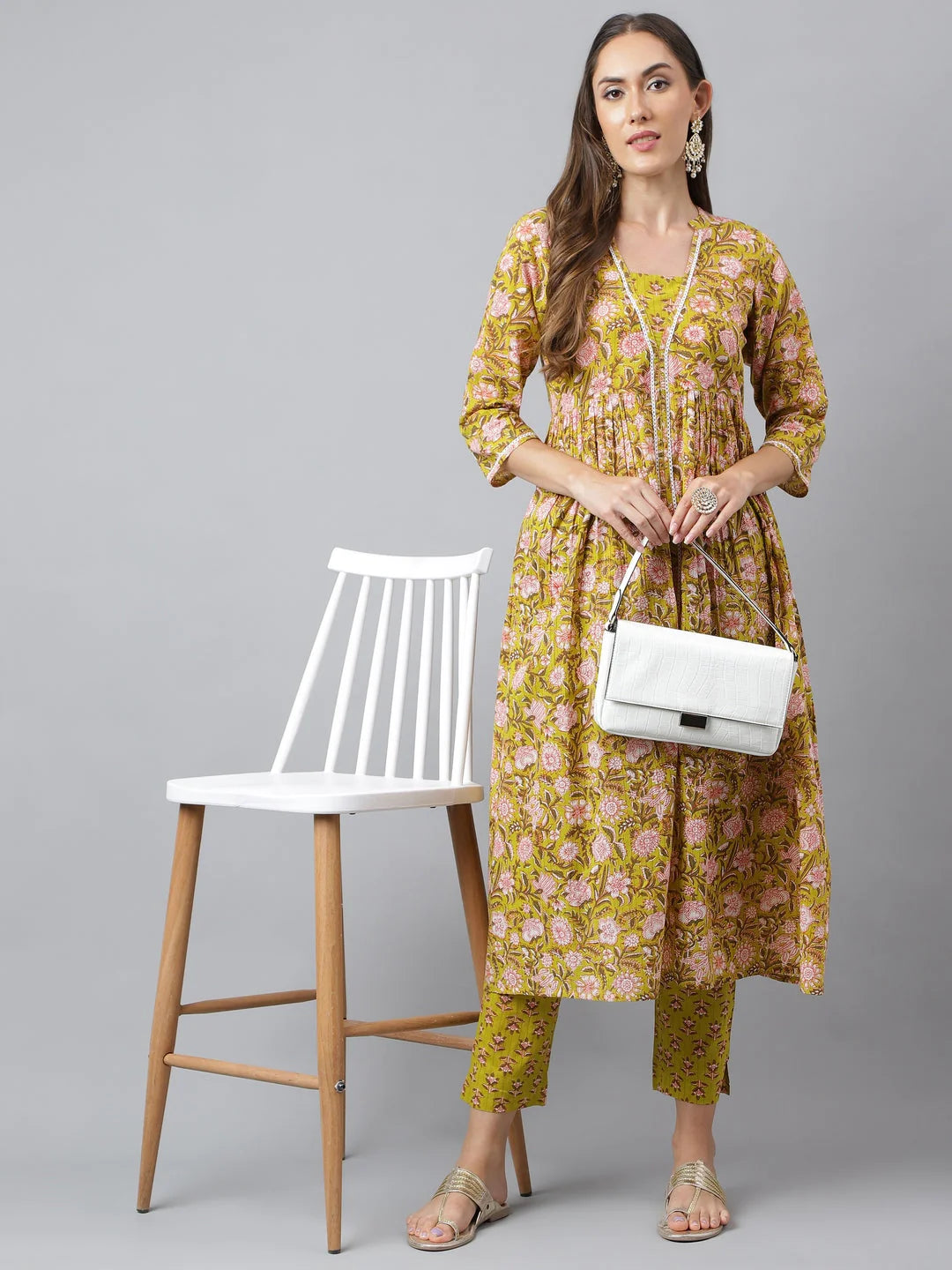 Green Cotton Floral Block Printed Gathered Kurta with Pant Set for Women