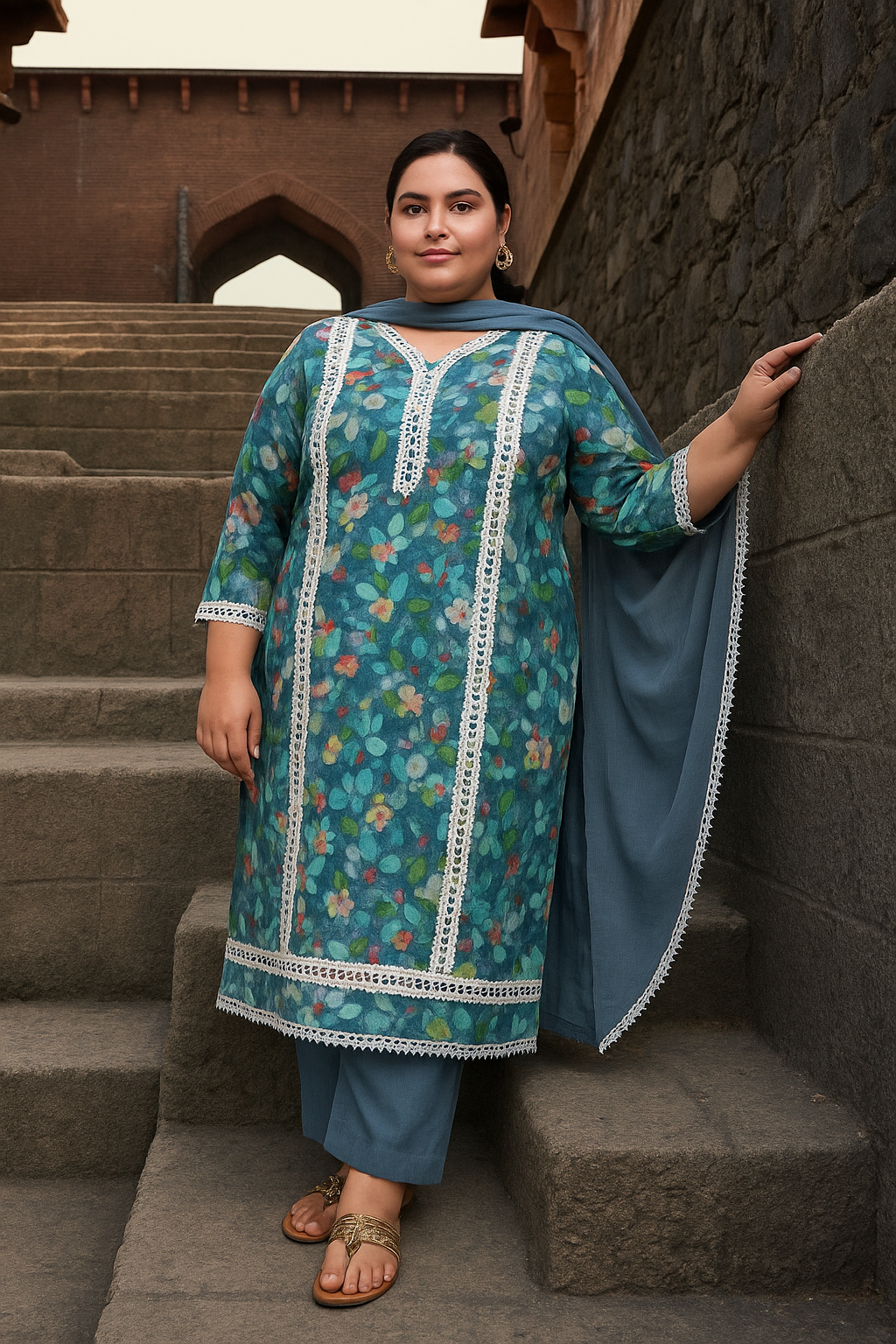 Linen cotton Kurti Pant with Dupatta Set