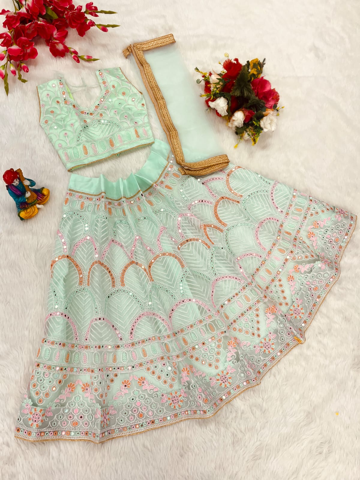 Girls’ Mono Net Lehenga Choli with Tone-to-Tone Coding Embroidery and Dupatta – Kids Party Wear